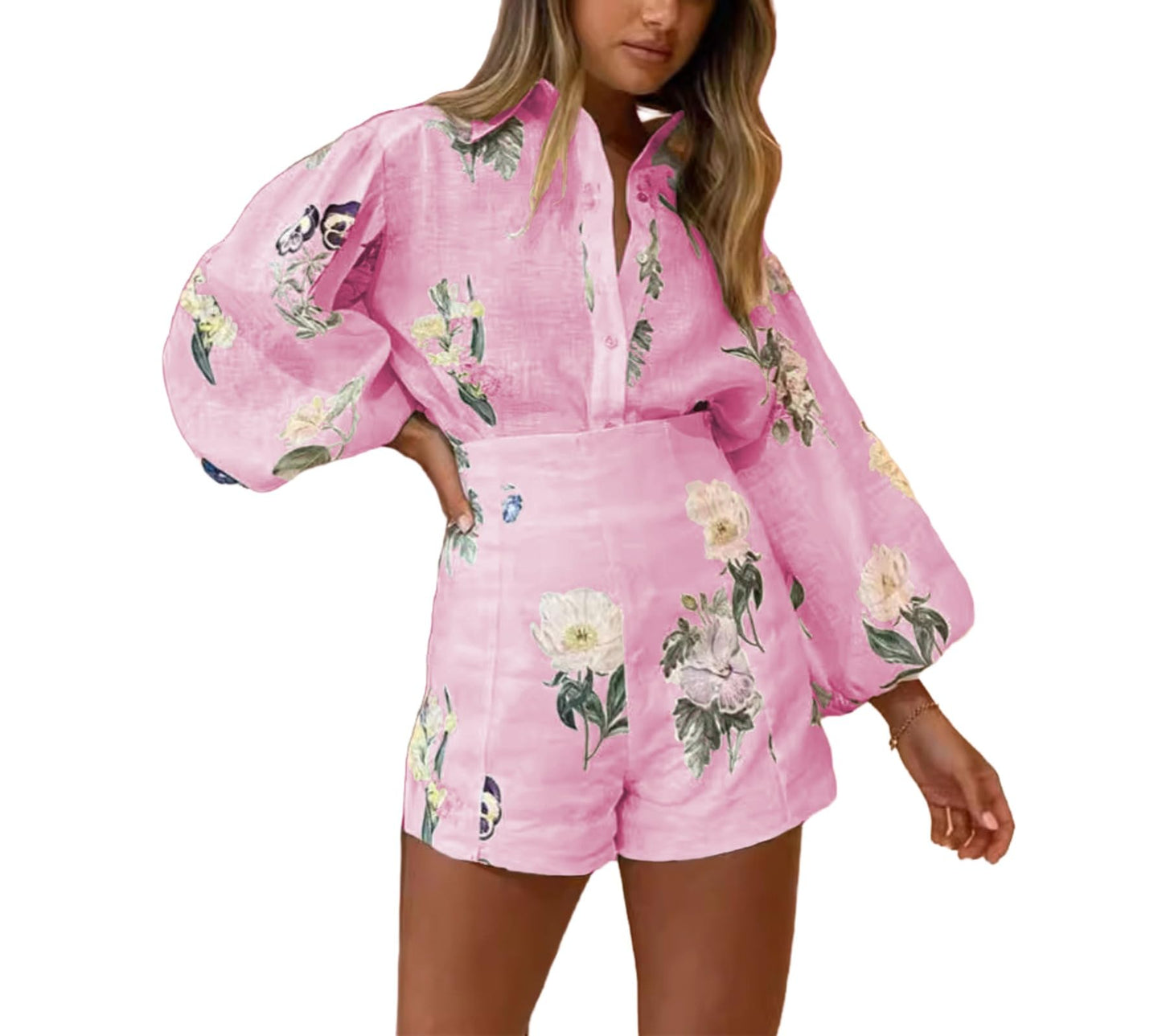 Molilove Womens 2 Piece Outfit Hawaiian Long Sleeve Button Down Shirt and Shorts Tracksuit Lounge Set