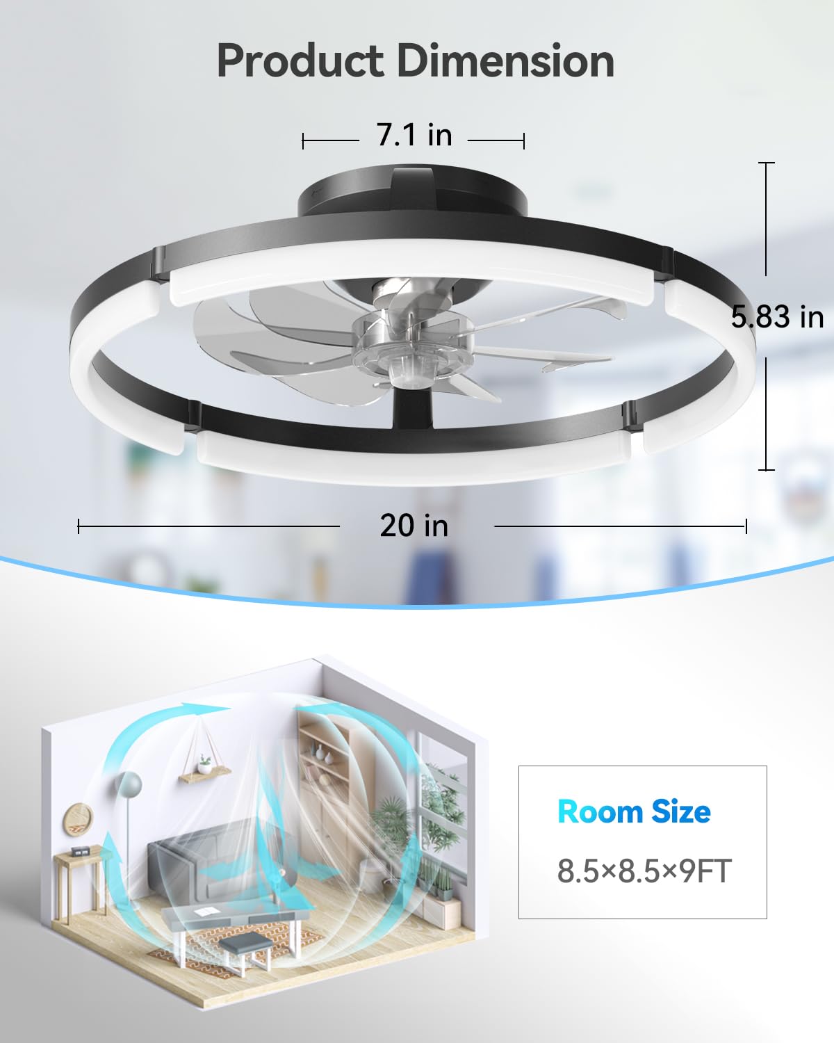 addlon Ceiling Fans with Lights and Remote, 20'' Low Profile Ceiling Fans, 3000-6000K Dimmable Modern Flush Mount LED Fan Light, Fandelier Ceiling Fan for Bedroom, Kitchen, Living Room, Black