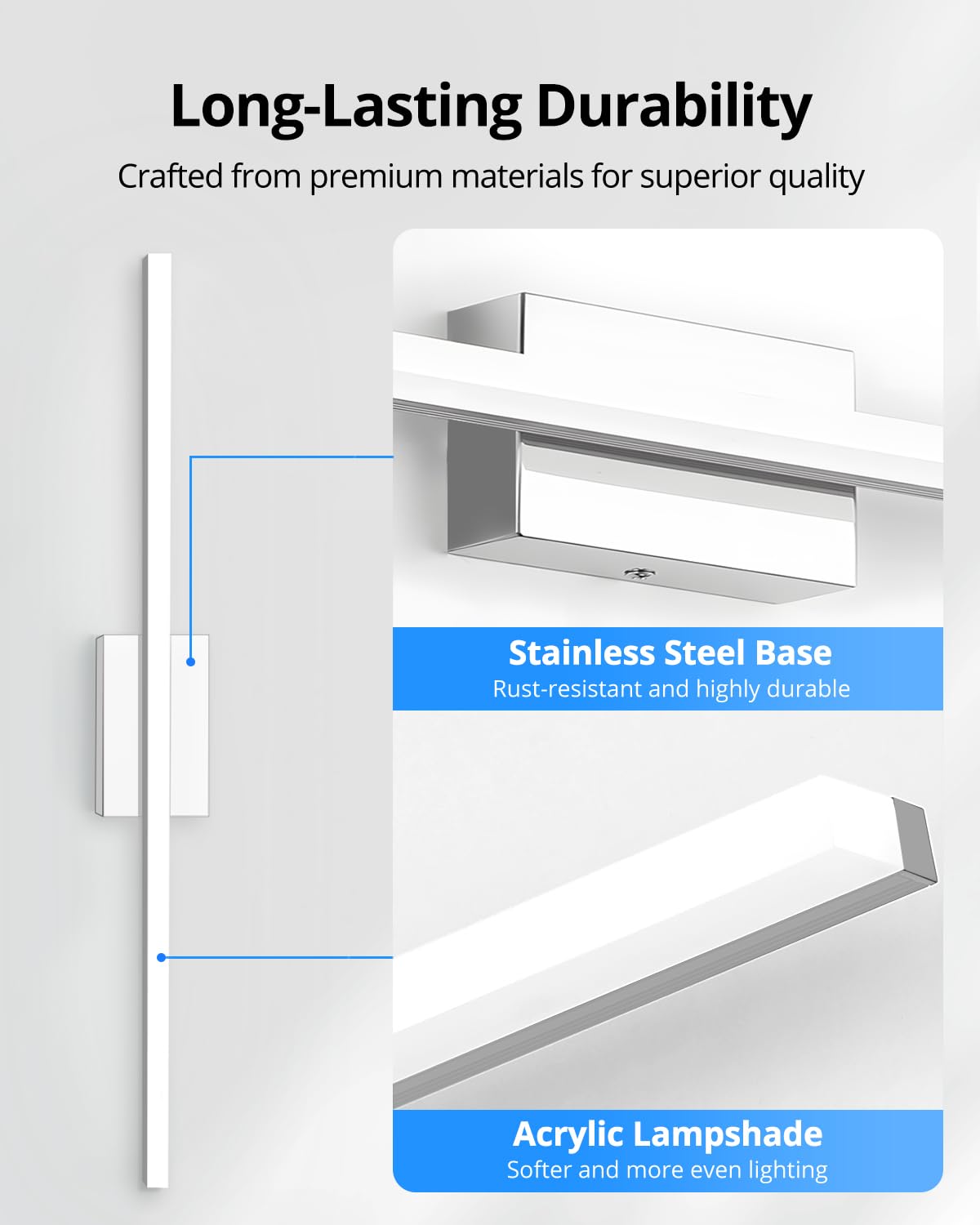Combuh Modern Bathroom Light Fixtures Over Mirror 16 Inch IP44 9W Chrome Vanity Light Bar for Bathroom Wall Light Fixtures Cool White 6000K