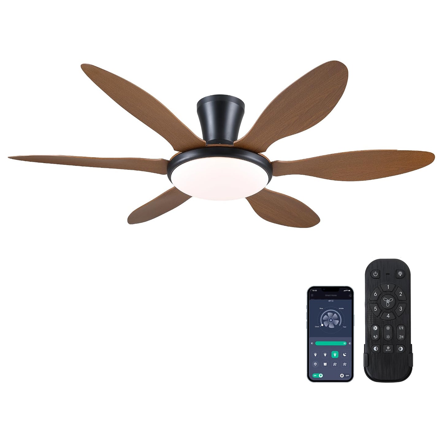 Ceiling Fans with Lights, 51 inch Modern Black Low Profile Ceiling Fan with Light and Remote App Control, Flush Mount, Quiet DC Reversible, Dim Led Ceiling Fan 6 Blade Softer Wind Indoor/Outdoor Patio