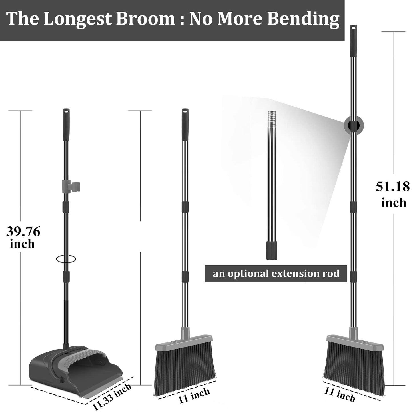 kelamayi Upgrade Broom and Dustpan Set, Self-Cleaning with Dustpan Teeth, Indoor&Outdoor Sweeping, Ideal for Dog Cat Pets Home Use, Stand Up Broom and Dustpan (Gray&Orange)