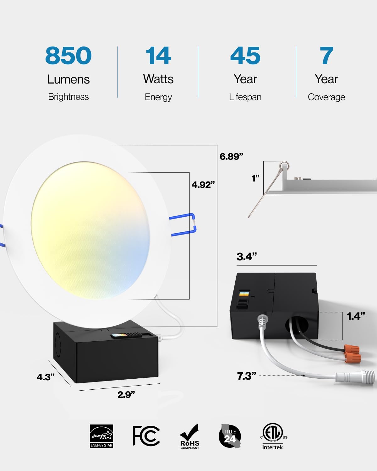 Sunco 24 Pack 6 Inch LED Recessed Light, Canless Ceiling Lights Slim with Junction Box, 850 LM, 14W (100W Equivalent), Selectable CCT 2700K/3000K/4000K/5000K/6000K, Dimmable, Wafer Thin ETL
