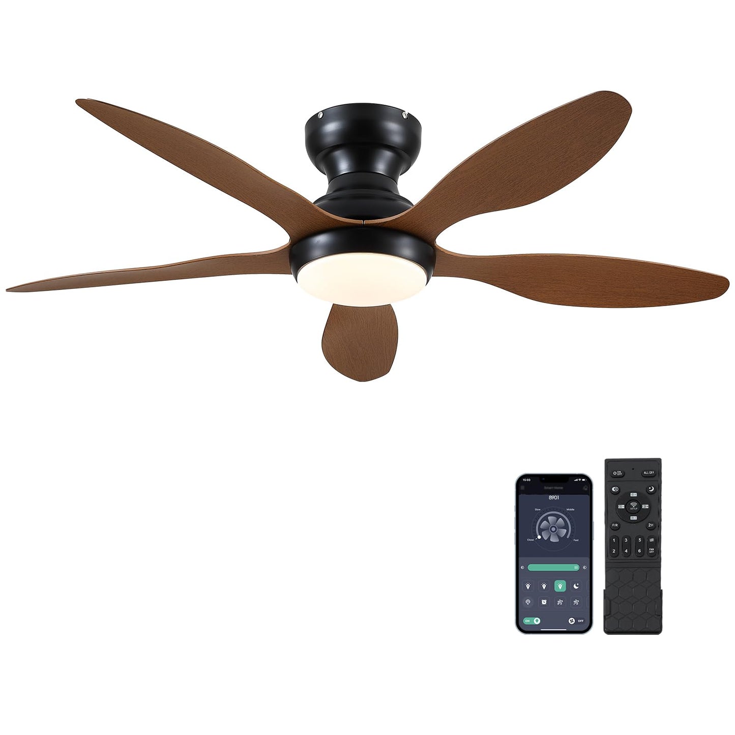 Ceiling Fans with Lights, 51 inch Modern Black Low Profile Ceiling Fan with Light and Remote App Control, Flush Mount, Quiet DC Reversible, Dim Led Ceiling Fan 6 Blade Softer Wind Indoor/Outdoor Patio