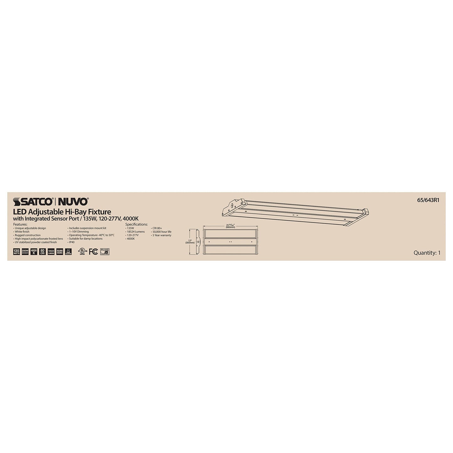 Nuvo 65/641R1 2Ft LED Adjustable Linear High Bay Shop Light, 120-277V, 110W, White