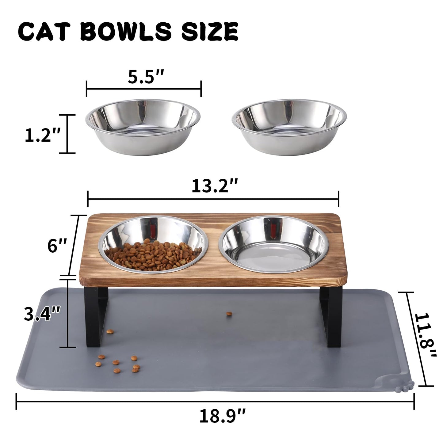 Upgraded Elevated Cat Bowls with Food Mat,15°Tilted Stand Anti Vomiting Raised Cat Dishes for Food and Water,2 Stainless Steel Bowls for Cats and Puppy