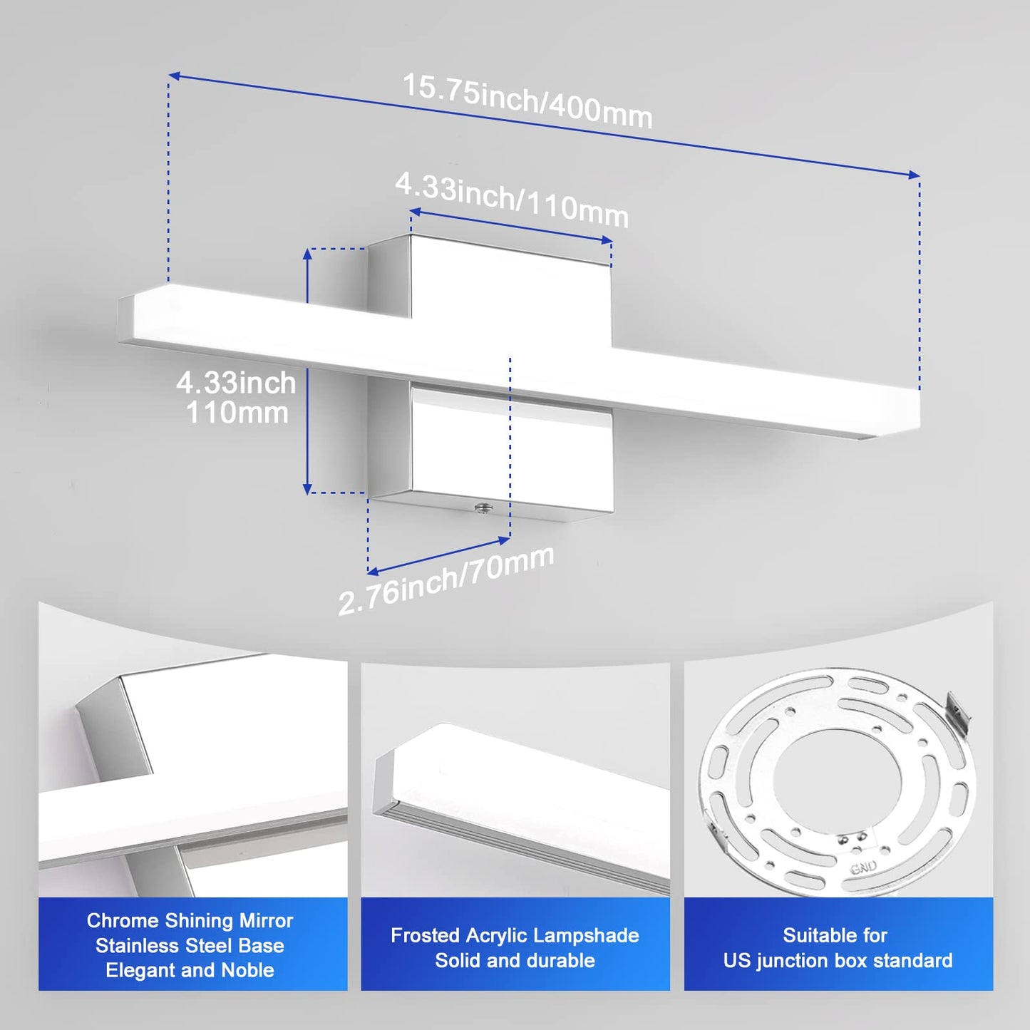 Combuh Modern Bathroom Light Fixtures Over Mirror 16 Inch IP44 9W Chrome Vanity Light Bar for Bathroom Wall Light Fixtures Cool White 6000K