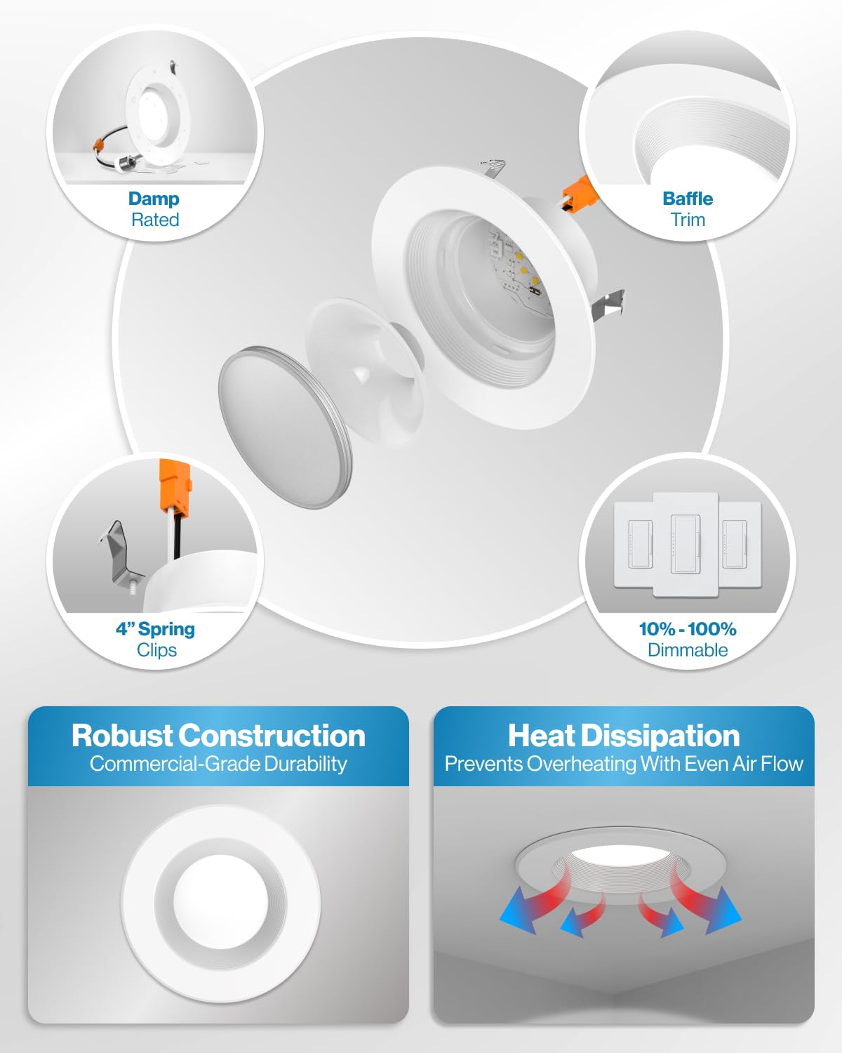 Sunco Recessed Lighting 6 Inch, Retrofit Can Lights, 965LM, 13W (75W Equivalent), Selectable CCT 2700K/3000K/3500K/4000K/5000K, Dimmable, Baffle Trim, Damp Rated UL 4 Pack