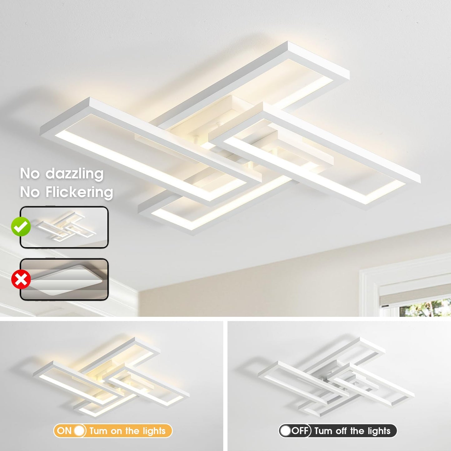 Modern LED Ceiling Light, kitchen light fixtures, Square LED Flush Mount Ceiling Light, APP and Remote Control Dimming with Memory 3000K-6500K for Dining Room, Living Room, Bedroom, Office (White)