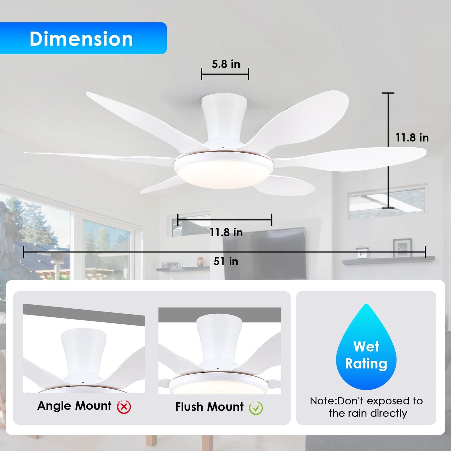 Ceiling Fans with Lights, 51 inch Modern Black Low Profile Ceiling Fan with Light and Remote App Control, Flush Mount, Quiet DC Reversible, Dim Led Ceiling Fan 6 Blade Softer Wind Indoor/Outdoor Patio