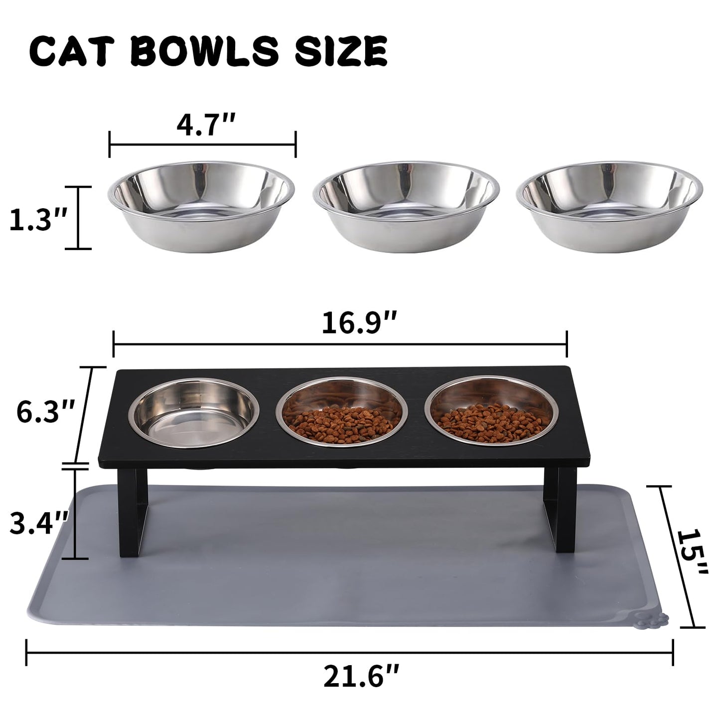 Upgraded Elevated Cat Bowls with Food Mat,15°Tilted Stand Anti Vomiting Raised Cat Dishes for Food and Water,2 Stainless Steel Bowls for Cats and Puppy