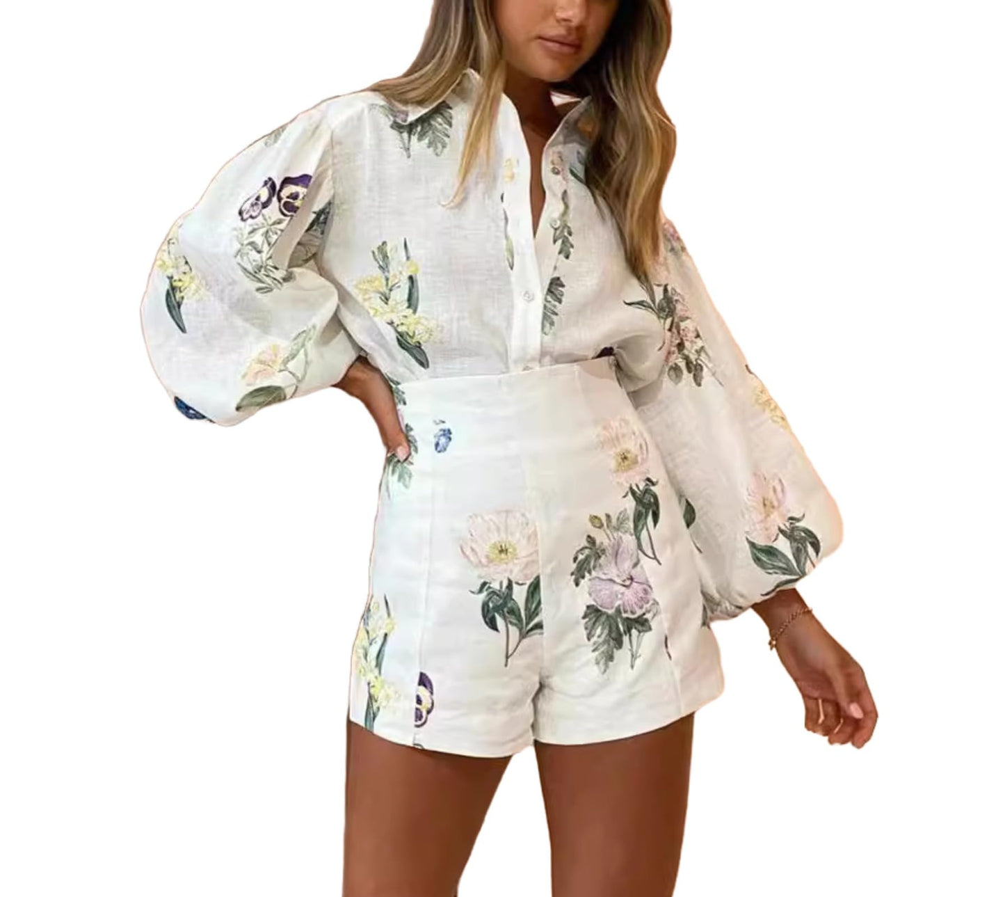 Molilove Womens 2 Piece Outfit Hawaiian Long Sleeve Button Down Shirt and Shorts Tracksuit Lounge Set