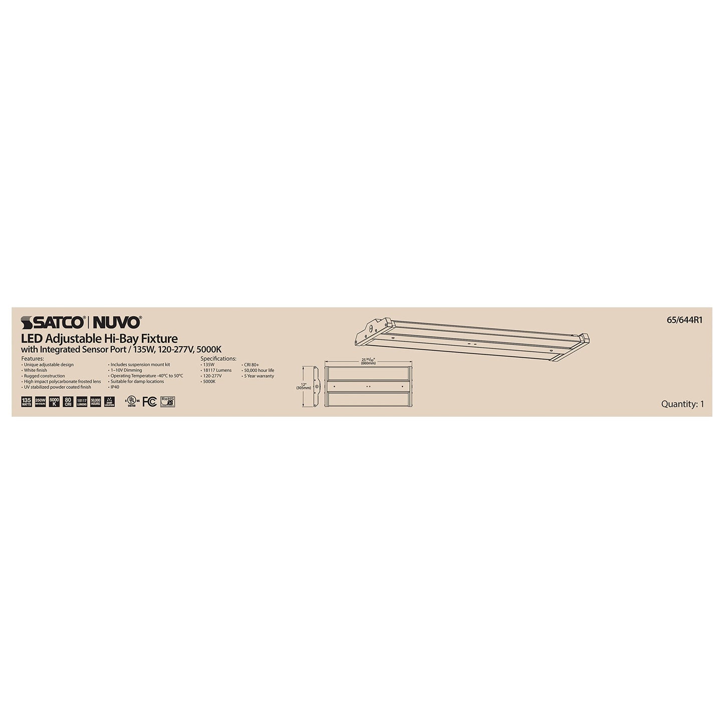 Nuvo 65/641R1 2Ft LED Adjustable Linear High Bay Shop Light, 120-277V, 110W, White
