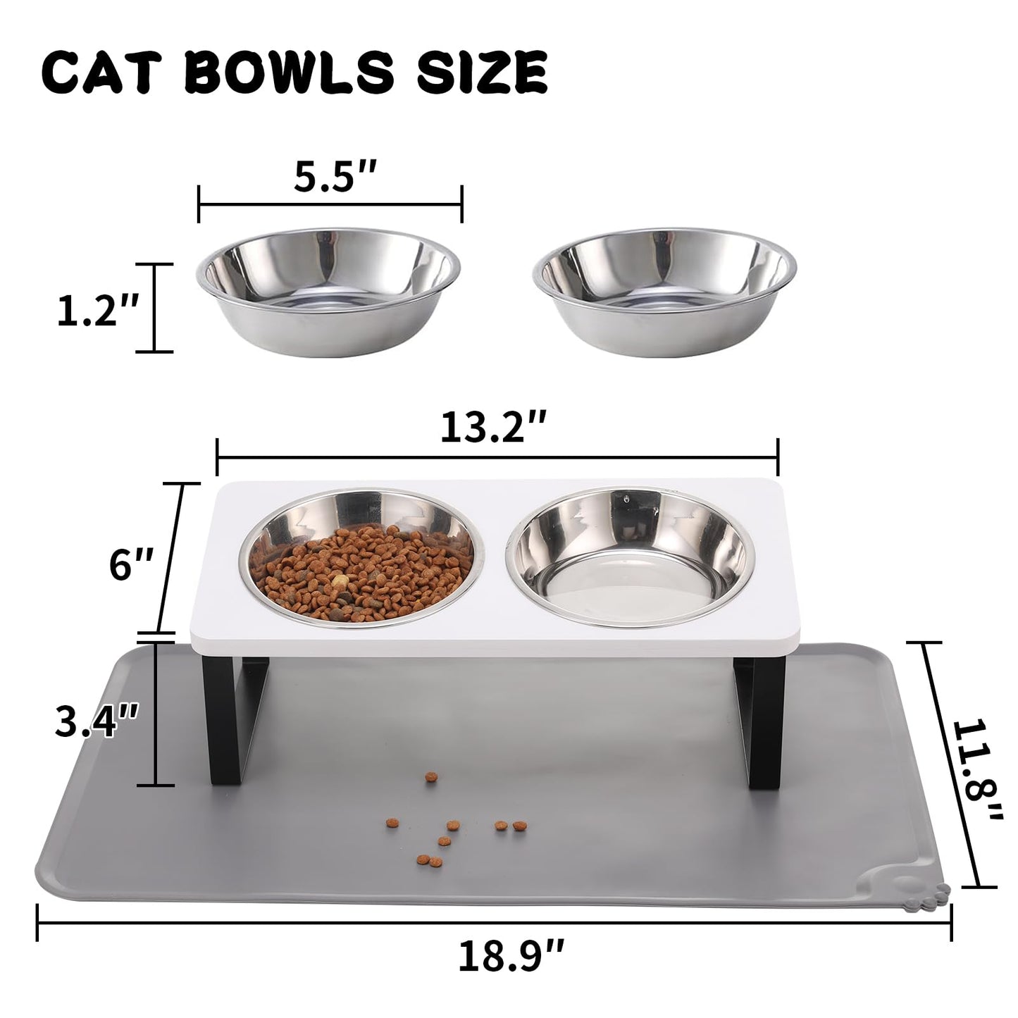 Upgraded Elevated Cat Bowls with Food Mat,15°Tilted Stand Anti Vomiting Raised Cat Dishes for Food and Water,2 Stainless Steel Bowls for Cats and Puppy