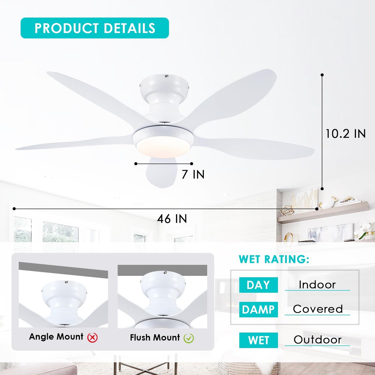 Ceiling Fans with Lights, 51 inch Modern Black Low Profile Ceiling Fan with Light and Remote App Control, Flush Mount, Quiet DC Reversible, Dim Led Ceiling Fan 6 Blade Softer Wind Indoor/Outdoor Patio
