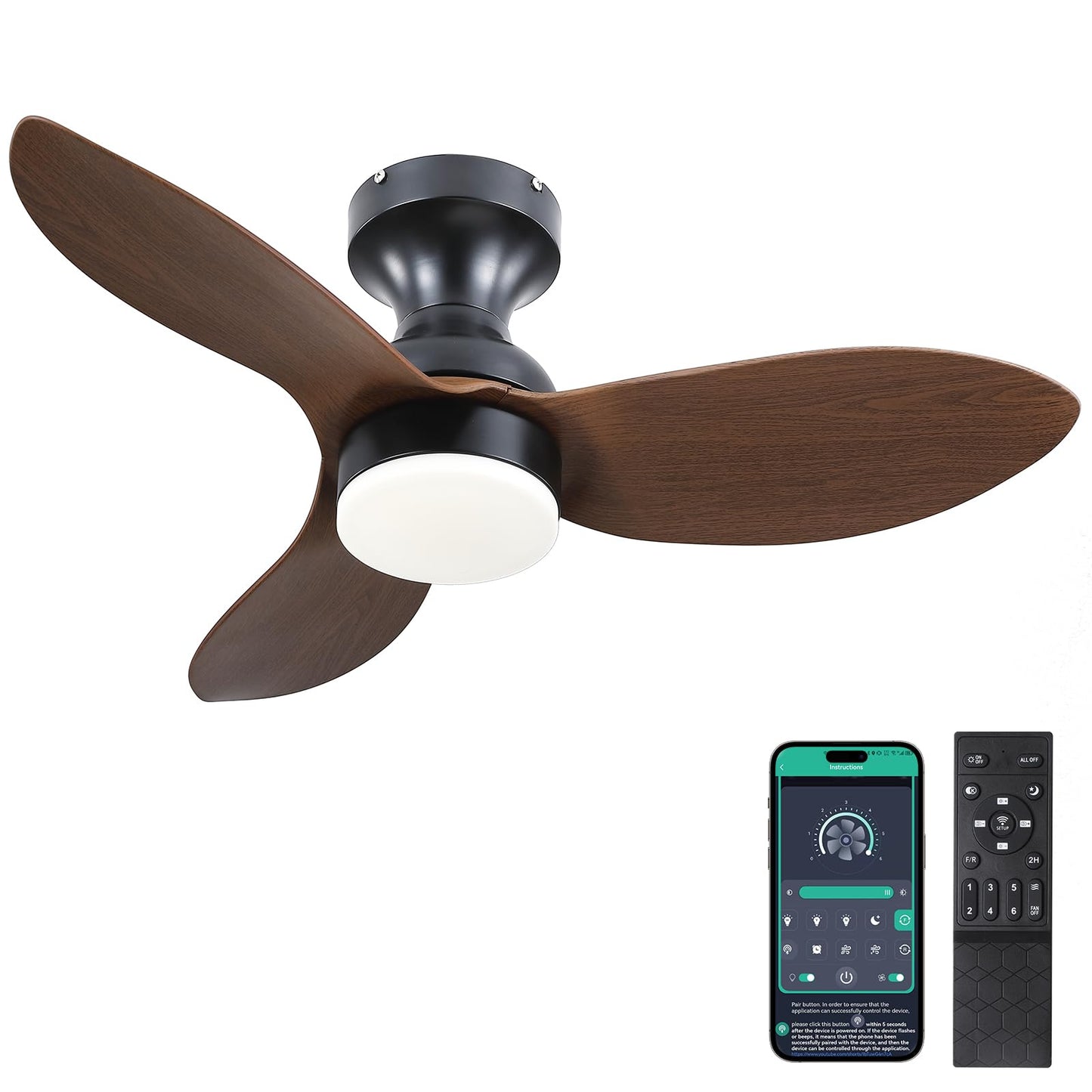 Ceiling Fans with Lights-36 Low Profile Ceiling Fan with Light and Remote/APP Control,Flush Mount,DC Reversible,LED Dimmable Blakc Ceiling Fans for Bedroom,Indoor/Outdoor Patio Use
