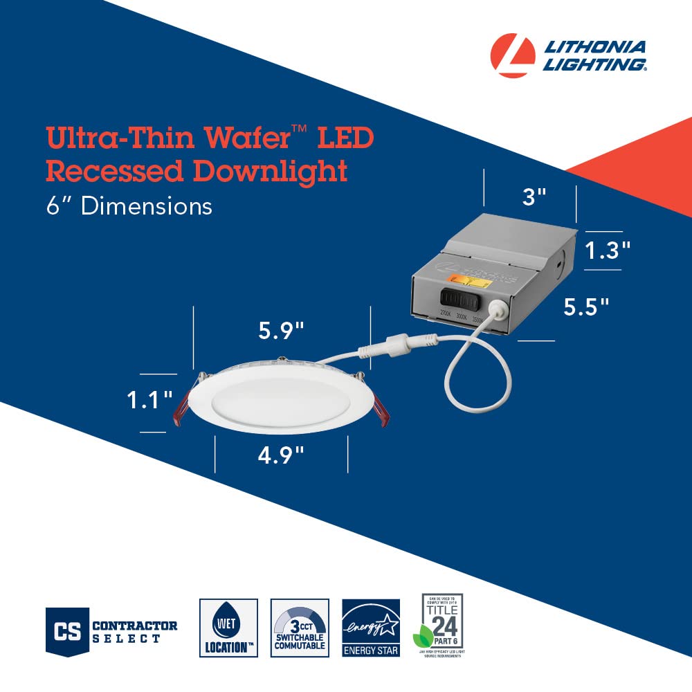 Lithonia Lighting WF4 LED 27K30K35K 90CRI MB M6 Recessed Wafer Downlight with Ultra Thin Round Trim, Color Temperature Selectable, 2700K | 3000K | 3500K, 4-Inch, Matte Black