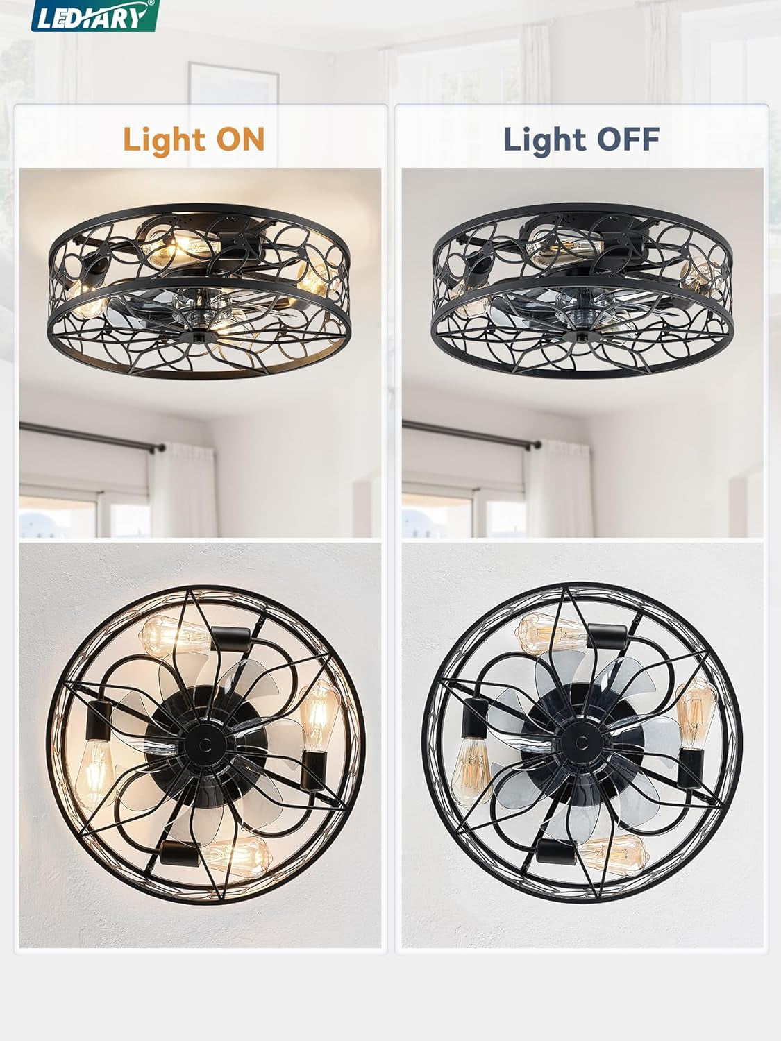 Black Caged Ceiling Fan With Lights Low Profile Flush Mount Remote-1