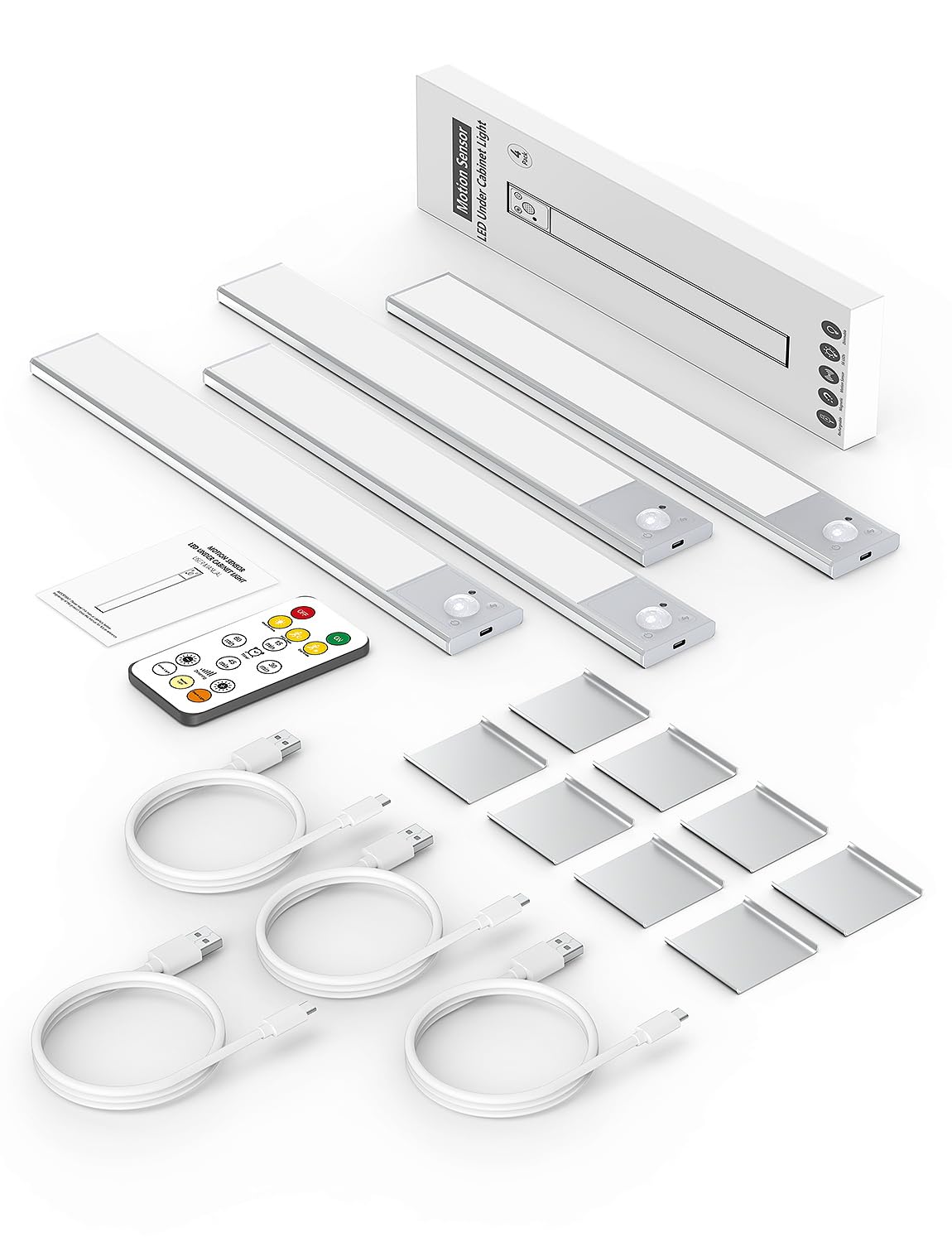 12" Thin Motion-Activated Under Cabinet Lighting, Aluminum Alloy Under Counter Lights for Kitchen, 3-Color-Temps Magnetic Closet Lights, Rechargeable Motion Sensor Light Indoor (4Pack, Silver)