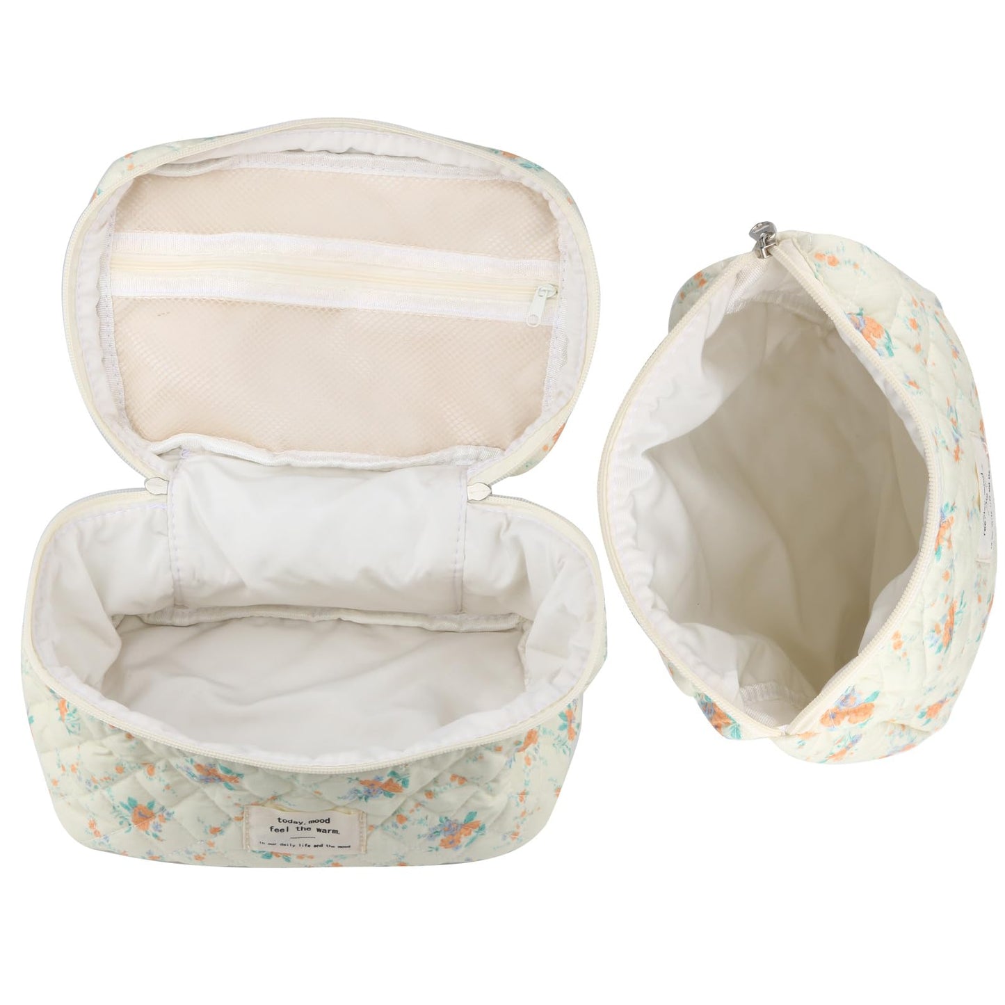 Cute Makeup Bag for Women(2 Pcs), Travel Cosmetic Bags, Quilted Coquette Aesthetic Floral Toiletry Organizer Bag (NavyBlue Flower)