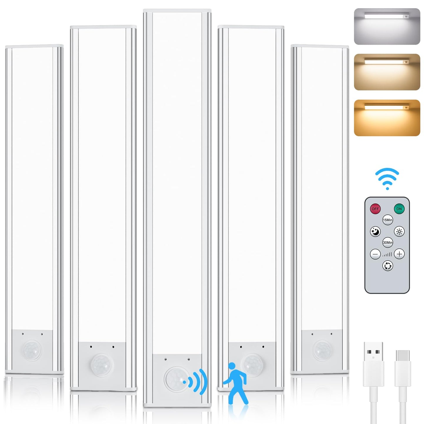 Under Cabinet Lighting, Motion Sensor Light Indoor with Remote Control, Rechargeable 2500mAh Closet Lights Wireless, 3 Color Temps & Adjustable Brightness Under Counter Lights for Kitchen (5)