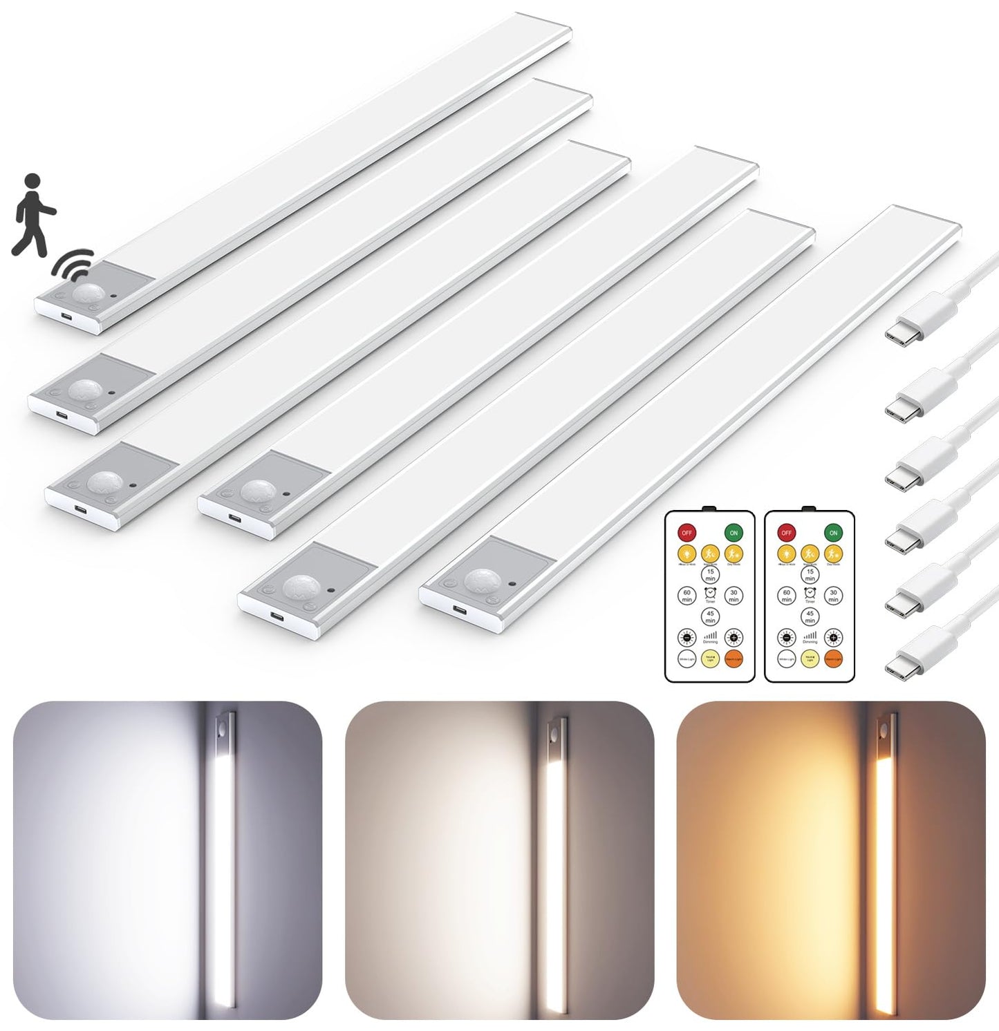 12" Thin Motion-Activated Under Cabinet Lighting, Aluminum Alloy Under Counter Lights for Kitchen, 3-Color-Temps Magnetic Closet Lights, Rechargeable Motion Sensor Light Indoor (4Pack, Silver)