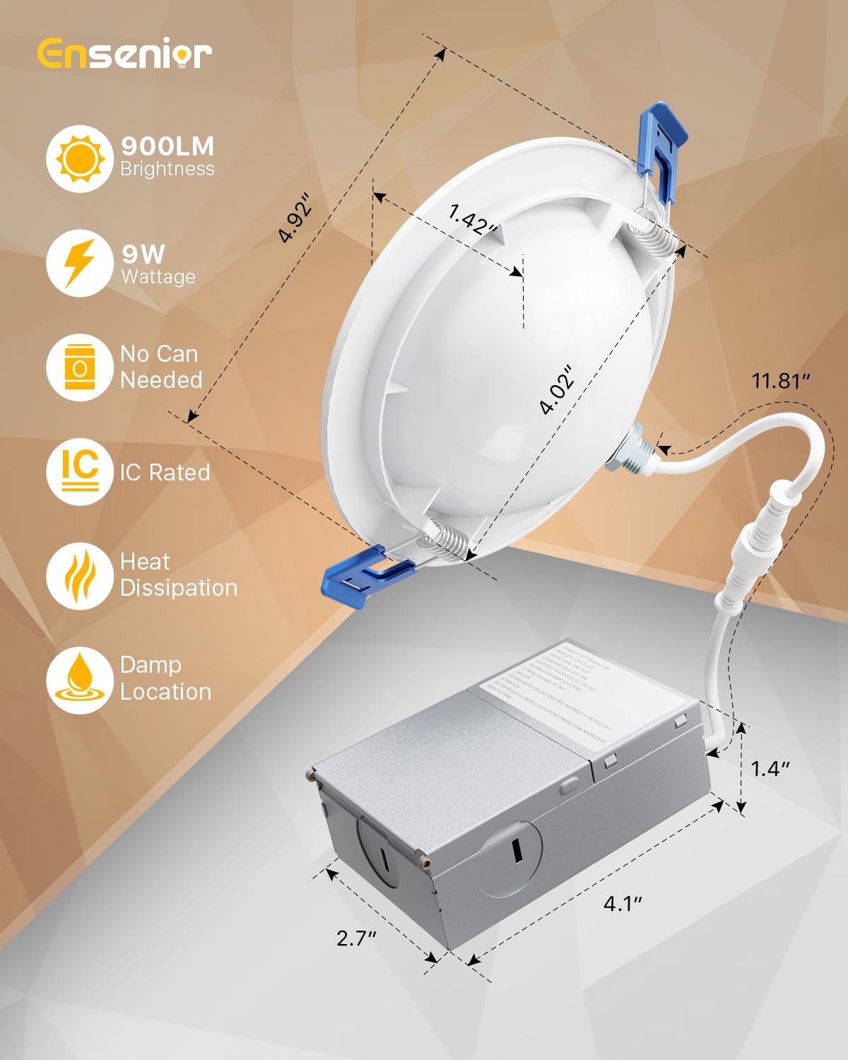 Ensenior 4 Pack 4 inch Gimbal Led Recessed Light with Junction Box, 90° Adjustable Directional Eyeball Lighting, Dimmable, 2700K/3000K/3500K/4000K/5000K, 900LM, 9W=100W-FCC Certified