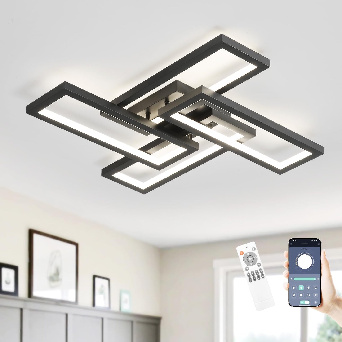 Modern LED Ceiling Light, kitchen light fixtures, Square LED Flush Mount Ceiling Light, APP and Remote Control Dimming with Memory 3000K-6500K for Dining Room, Living Room, Bedroom, Office (White)