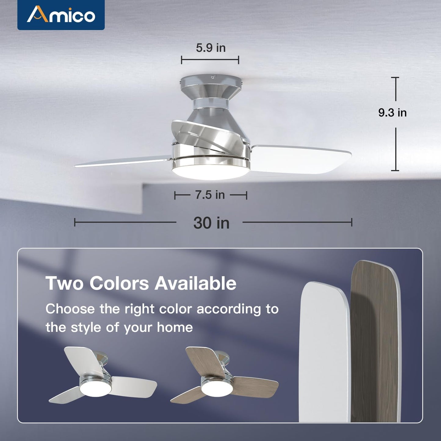 Amico Ceiling Fans with Lights, 42 inch Low Profile Ceiling Fan with Light and Remote Control, Flush Mount, Reversible, 3CCT, Dimmable, Noiseless, White Ceiling Fan for Bedroom, Indoor/Outdoor Use