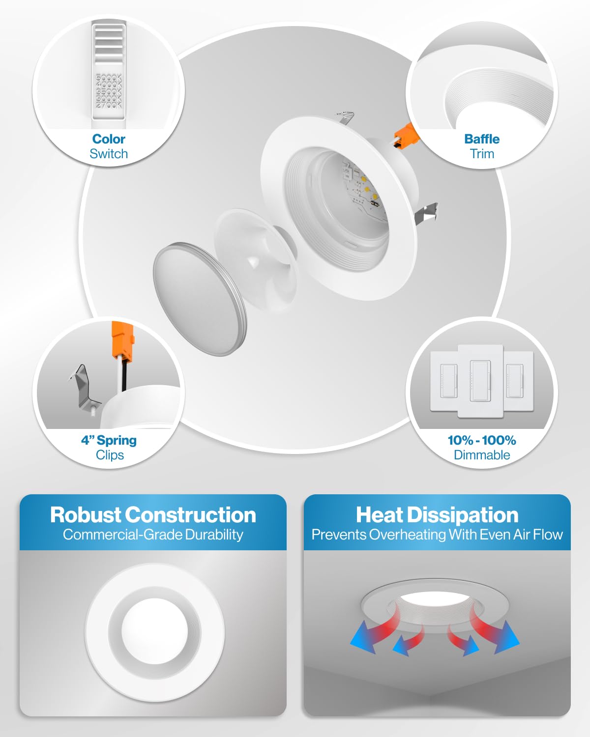 Sunco Recessed Lighting 6 Inch, Retrofit Can Lights, 965LM, 13W (75W Equivalent), Selectable CCT 2700K/3000K/3500K/4000K/5000K, Dimmable, Baffle Trim, Damp Rated UL 4 Pack