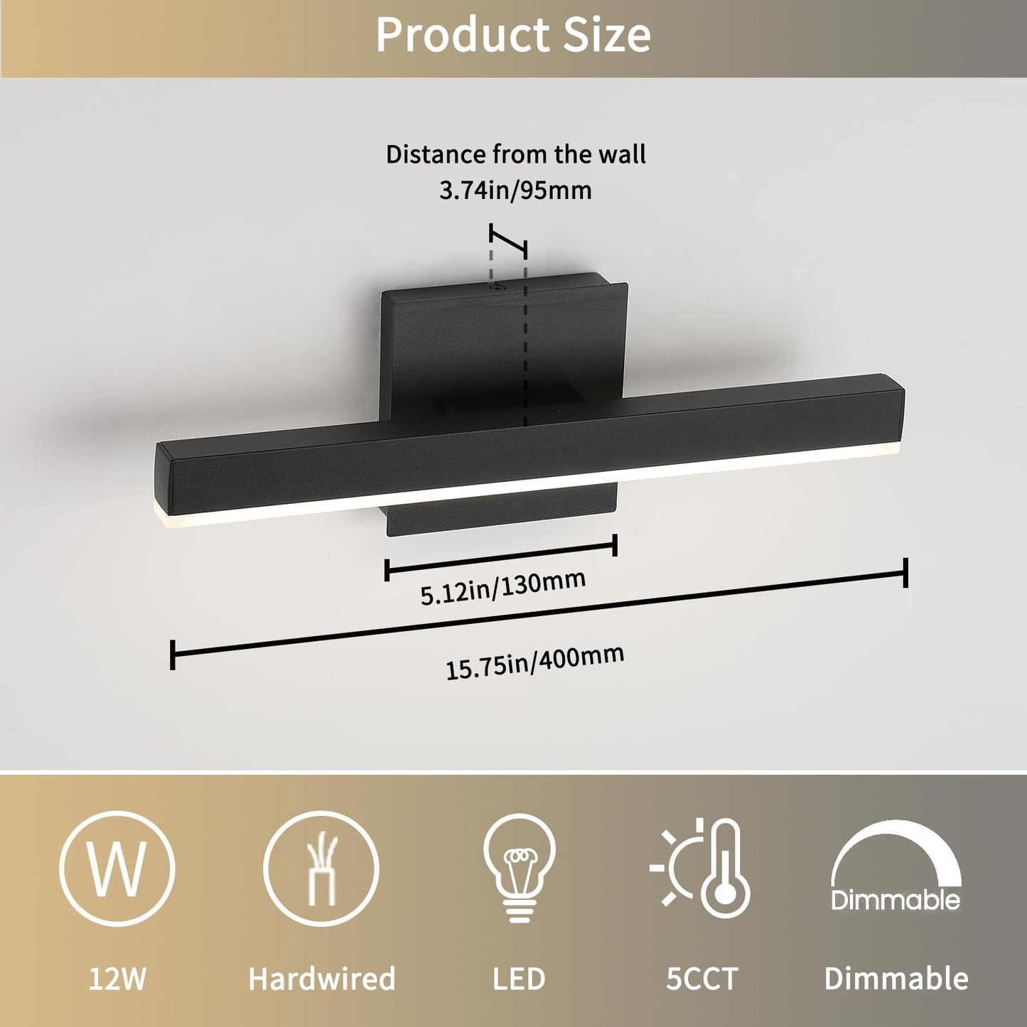 Joossnwell Black Bathroom Vanity Light Fixtures Dimmable 5CCT LED Bathroom Lighting Bar 15.75 Inch Modern Bath Lights Fixture Over Mirror 12W
