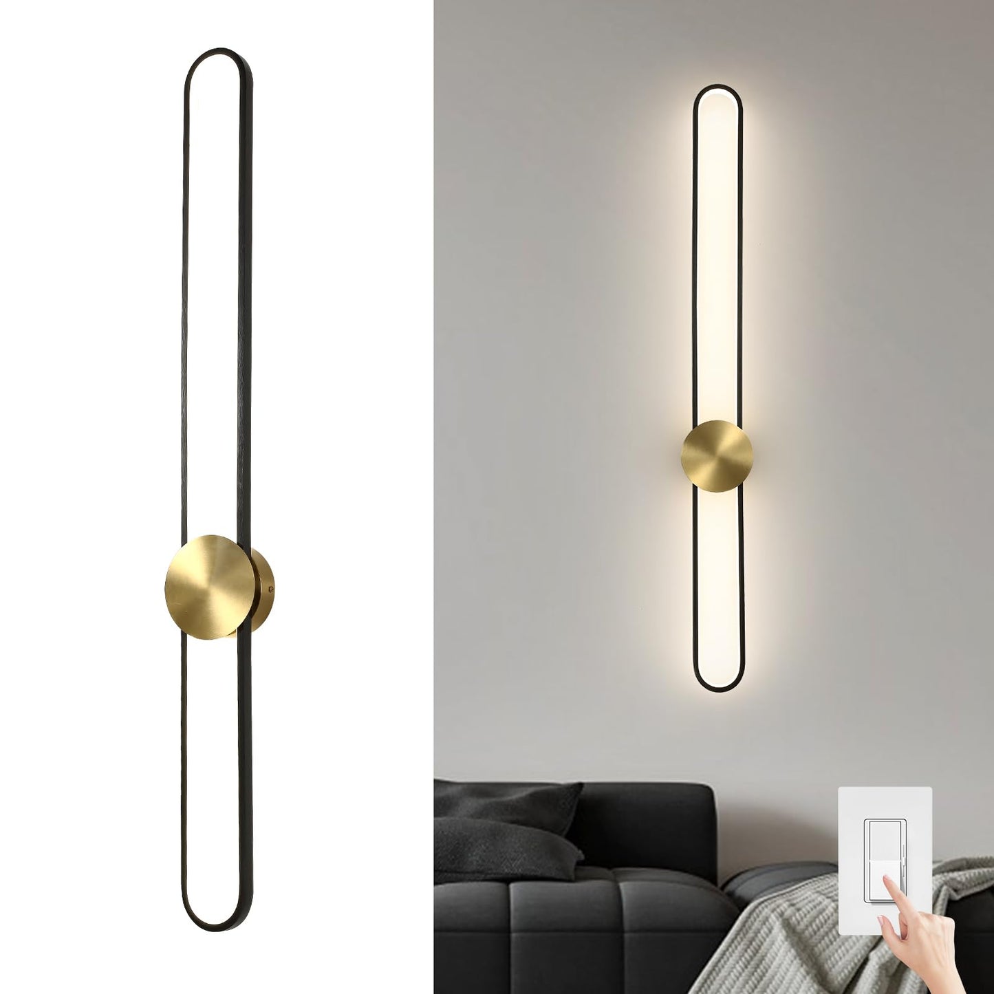 Modern Wall Sconce 4000K Dimmable LED Wall Light Fixture, Hardwired Wall Lamp for Living Room, Dining Room, Bedroom, Hallway, Lobby, Entryway (Brushed Black, H110cm/43.3inch)