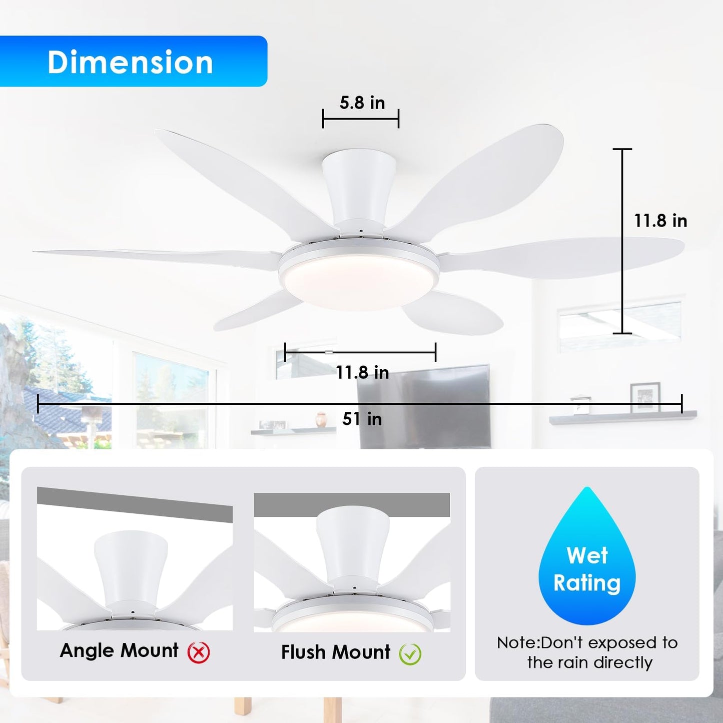 Ceiling Fans with Lights, 51 inch Modern Black Low Profile Ceiling Fan with Light and Remote App Control, Flush Mount, Quiet DC Reversible, Dim Led Ceiling Fan 6 Blade Softer Wind Indoor/Outdoor Patio