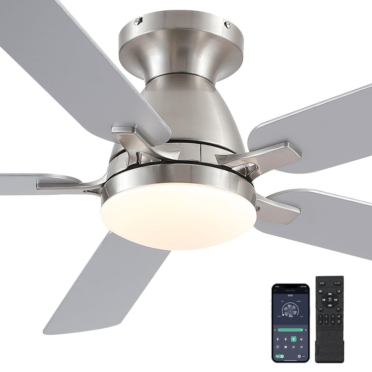 Ceiling Fans with Lights- 52" Low Profile Indoor Ceiling Fan with Light and Remote/APP Control, Flush Mount, LED Dimmable DC Reversible Modern Ceiling Fan for Bedroom(Black)