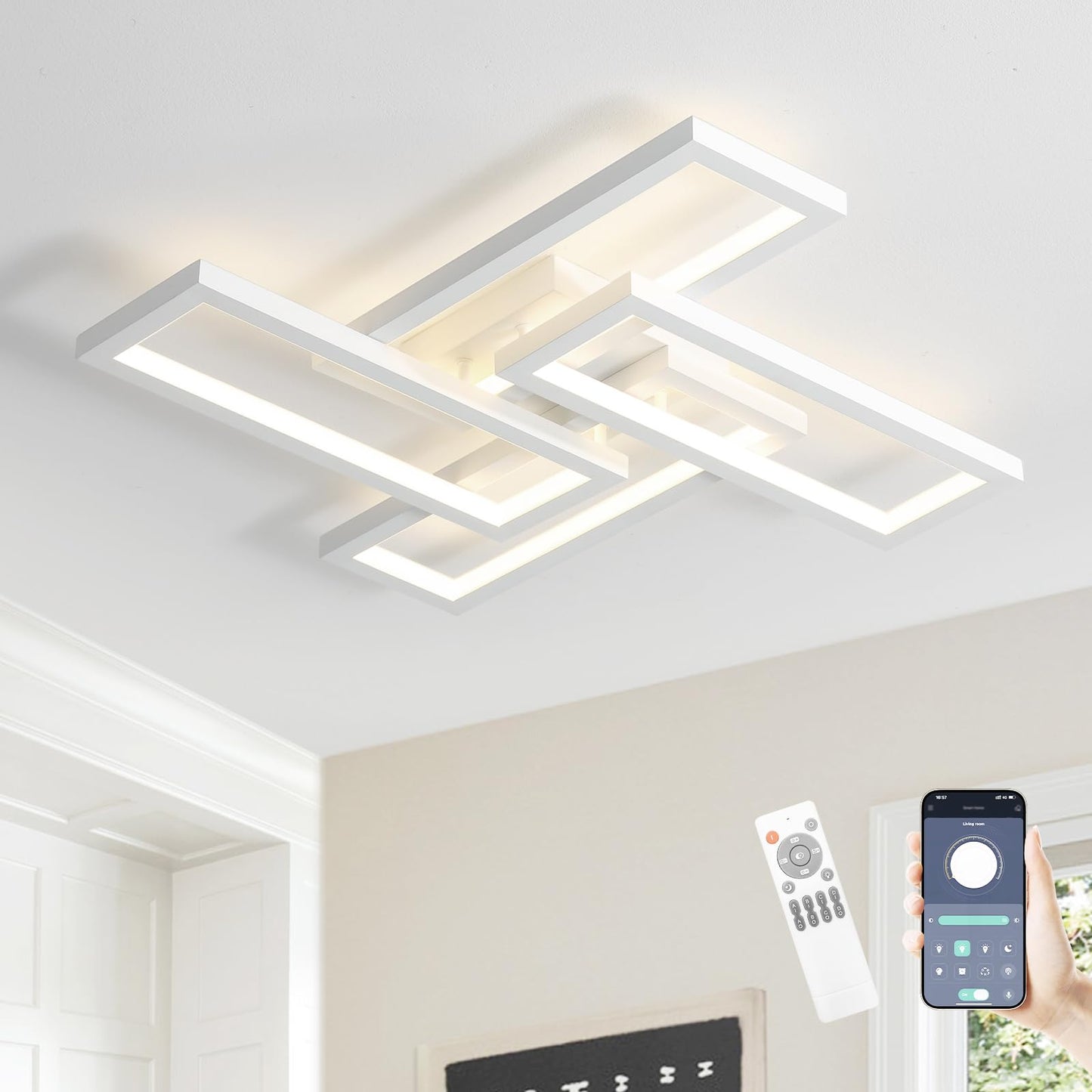 Modern LED Ceiling Light, kitchen light fixtures, Square LED Flush Mount Ceiling Light, APP and Remote Control Dimming with Memory 3000K-6500K for Dining Room, Living Room, Bedroom, Office (White)