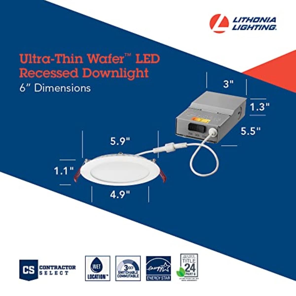 Lithonia Lighting WF4 LED 27K30K35K 90CRI MB M6 Recessed Wafer Downlight with Ultra Thin Round Trim, Color Temperature Selectable, 2700K | 3000K | 3500K, 4-Inch, Matte Black