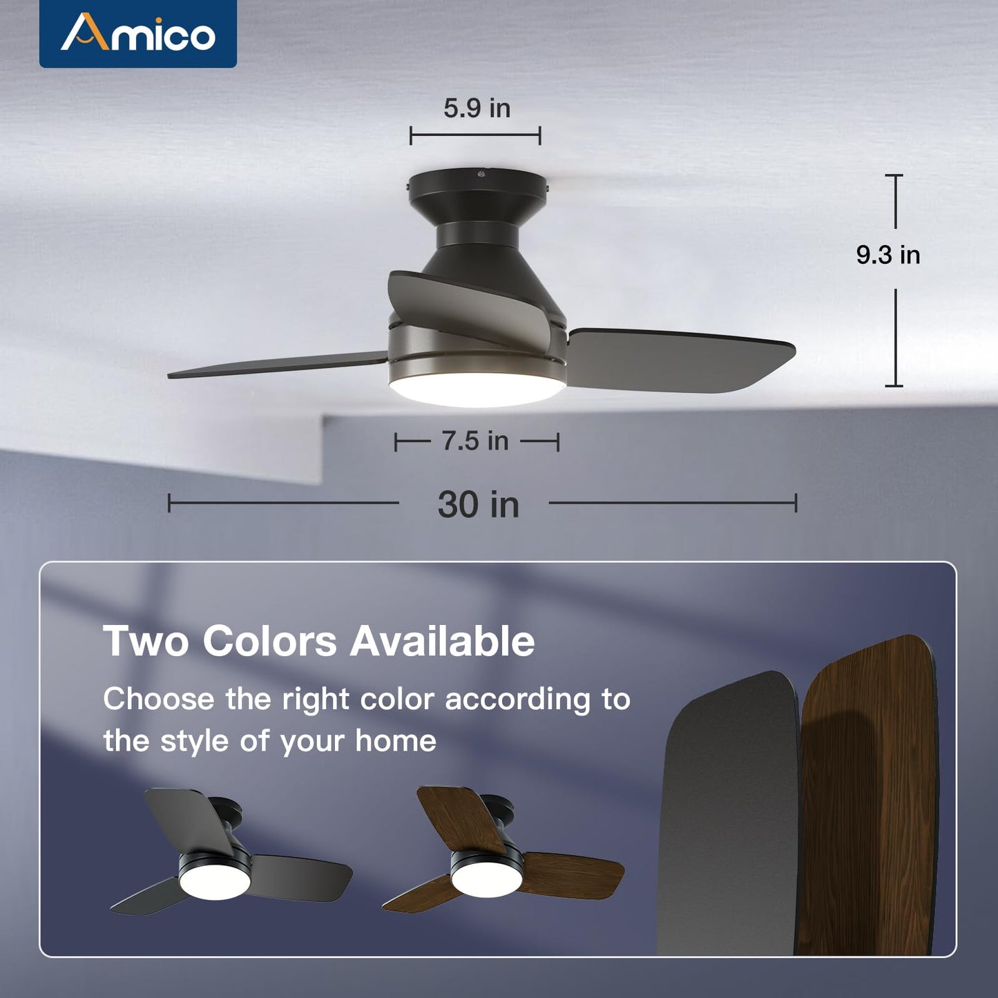 Amico Ceiling Fans with Lights, 42 inch Low Profile Ceiling Fan with Light and Remote Control, Flush Mount, Reversible, 3CCT, Dimmable, Noiseless, White Ceiling Fan for Bedroom, Indoor/Outdoor Use
