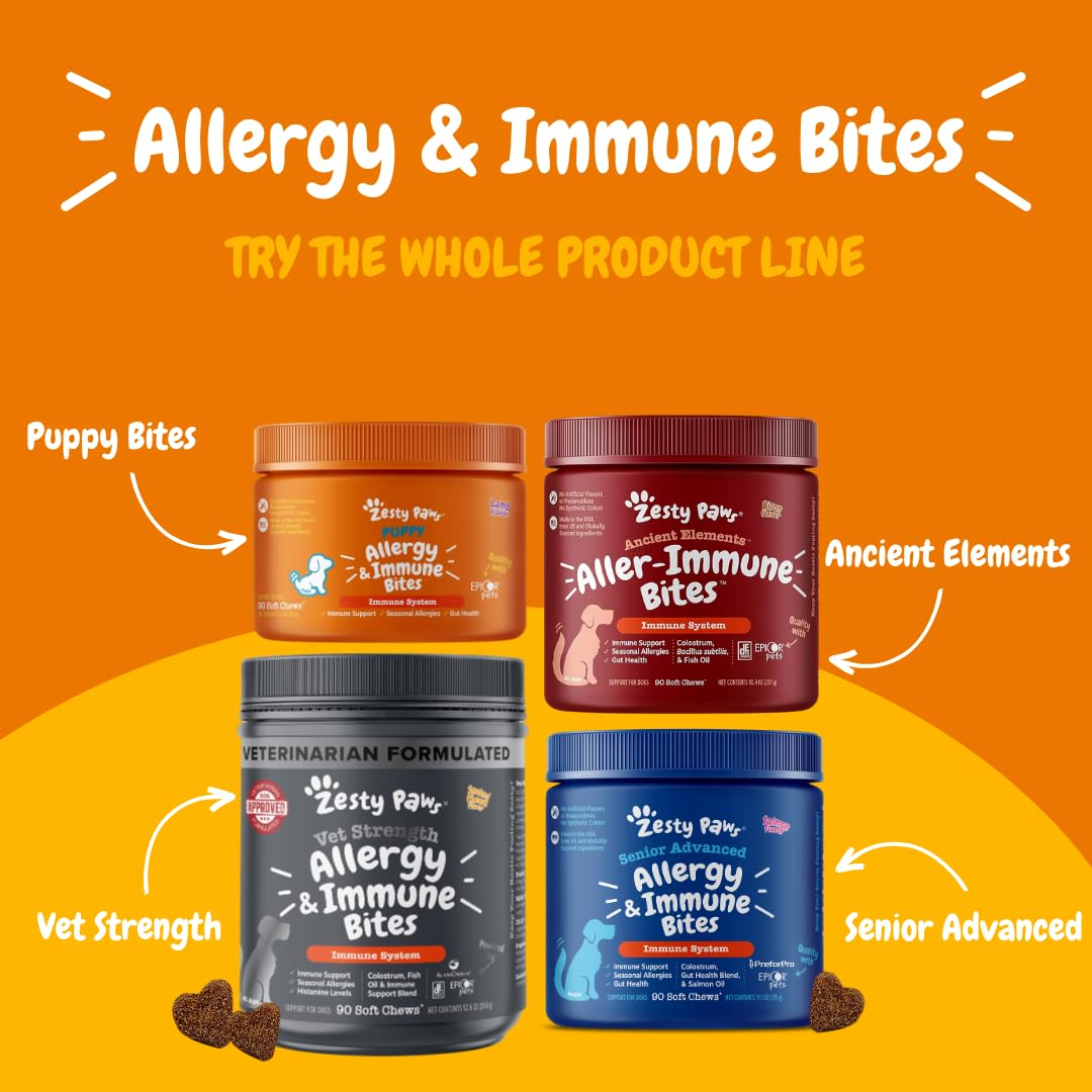 Suplemento inmune a las alergias para perros - Con Omega 3 Aceite de salmón salvaje de Alaska y EpiCor + Prebióticos y probióticos digestivos - Alergias estacionales + Anti picor y puntos calientes Apoyo a la piel - 90 masticables Golosinas