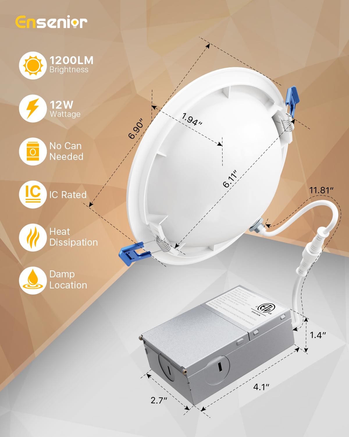 Ensenior 4 Pack 4 inch Gimbal Led Recessed Light with Junction Box, 90° Adjustable Directional Eyeball Lighting, Dimmable, 2700K/3000K/3500K/4000K/5000K, 900LM, 9W=100W-FCC Certified