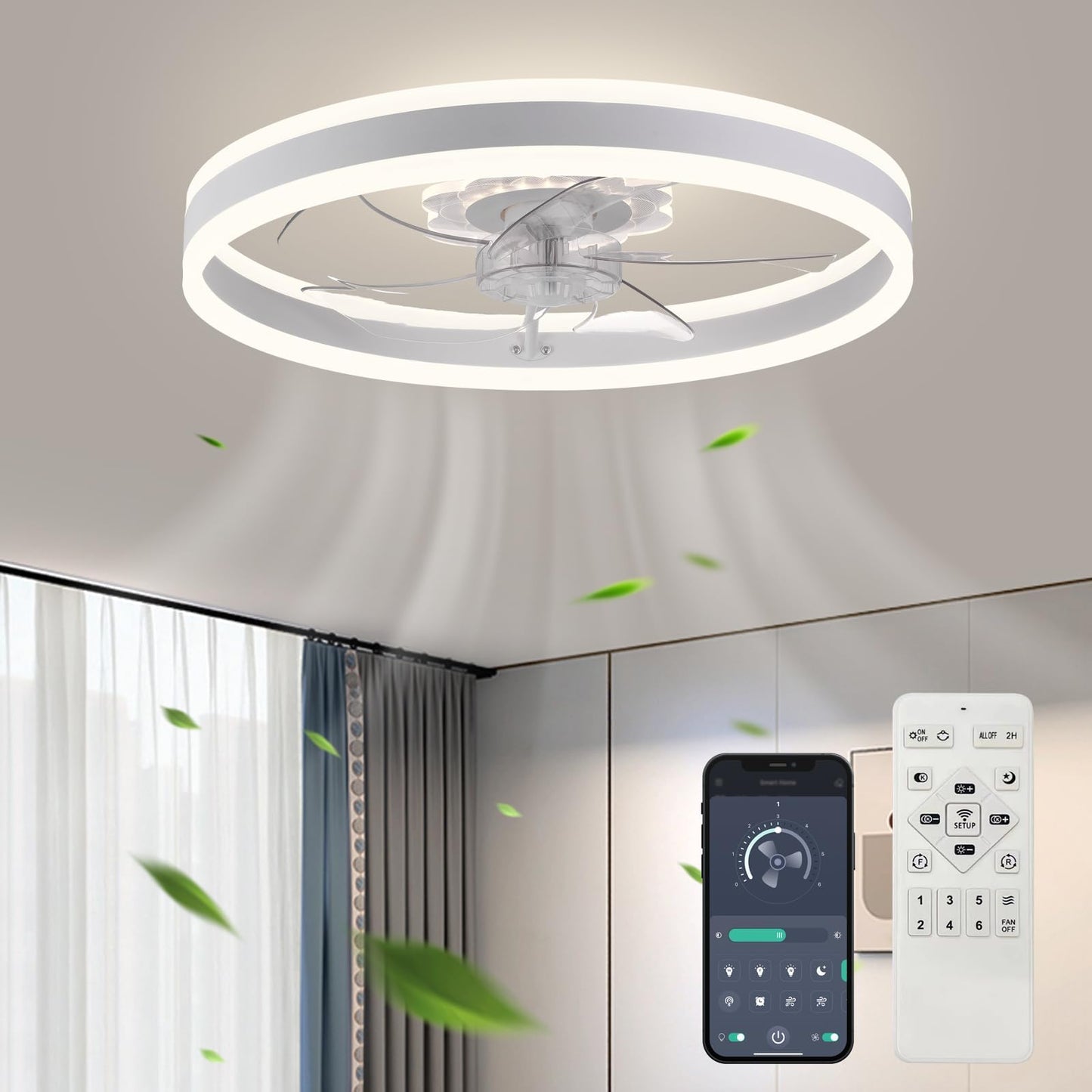 20‘’ Ceiling Fan with Light, Upgraded Low Profile Fan, Flush Mount Ceiling Fan, 6 Speeds, Dimmable LED, App & Remote Control, Quiet DC Motor, for Bedroom, Living Room, F115 White