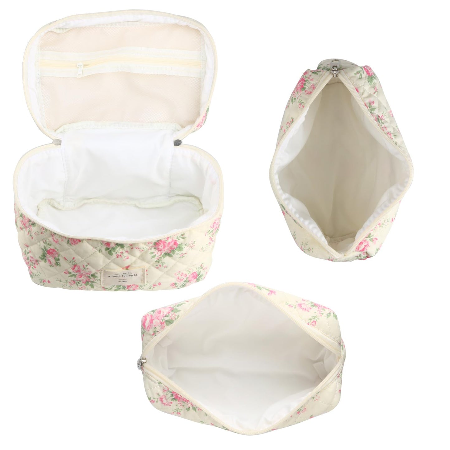 Cute Makeup Bag for Women(2 Pcs), Travel Cosmetic Bags, Quilted Coquette Aesthetic Floral Toiletry Organizer Bag (NavyBlue Flower)