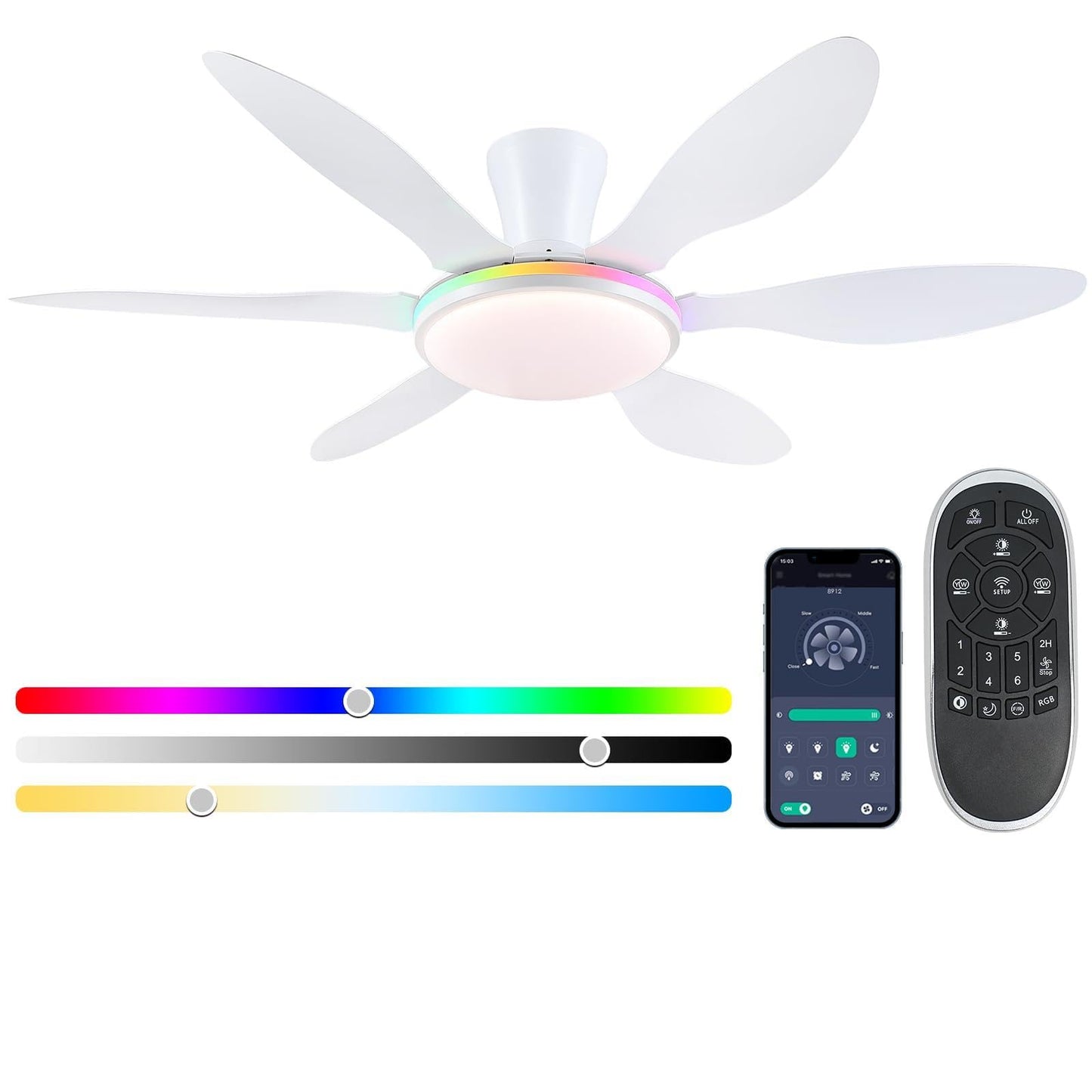 Ceiling Fans with Lights, 51 inch Modern Black Low Profile Ceiling Fan with Light and Remote App Control, Flush Mount, Quiet DC Reversible, Dim Led Ceiling Fan 6 Blade Softer Wind Indoor/Outdoor Patio