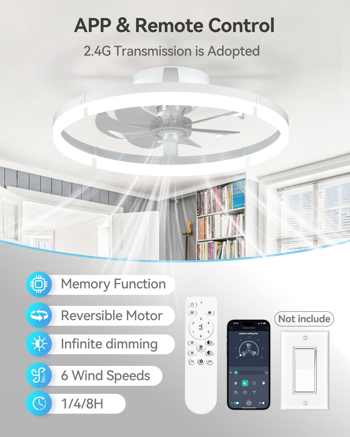 addlon Ceiling Fans with Lights and Remote, 20'' Low Profile Ceiling Fans, 3000-6000K Dimmable Modern Flush Mount LED Fan Light, Fandelier Ceiling Fan for Bedroom, Kitchen, Living Room, Black
