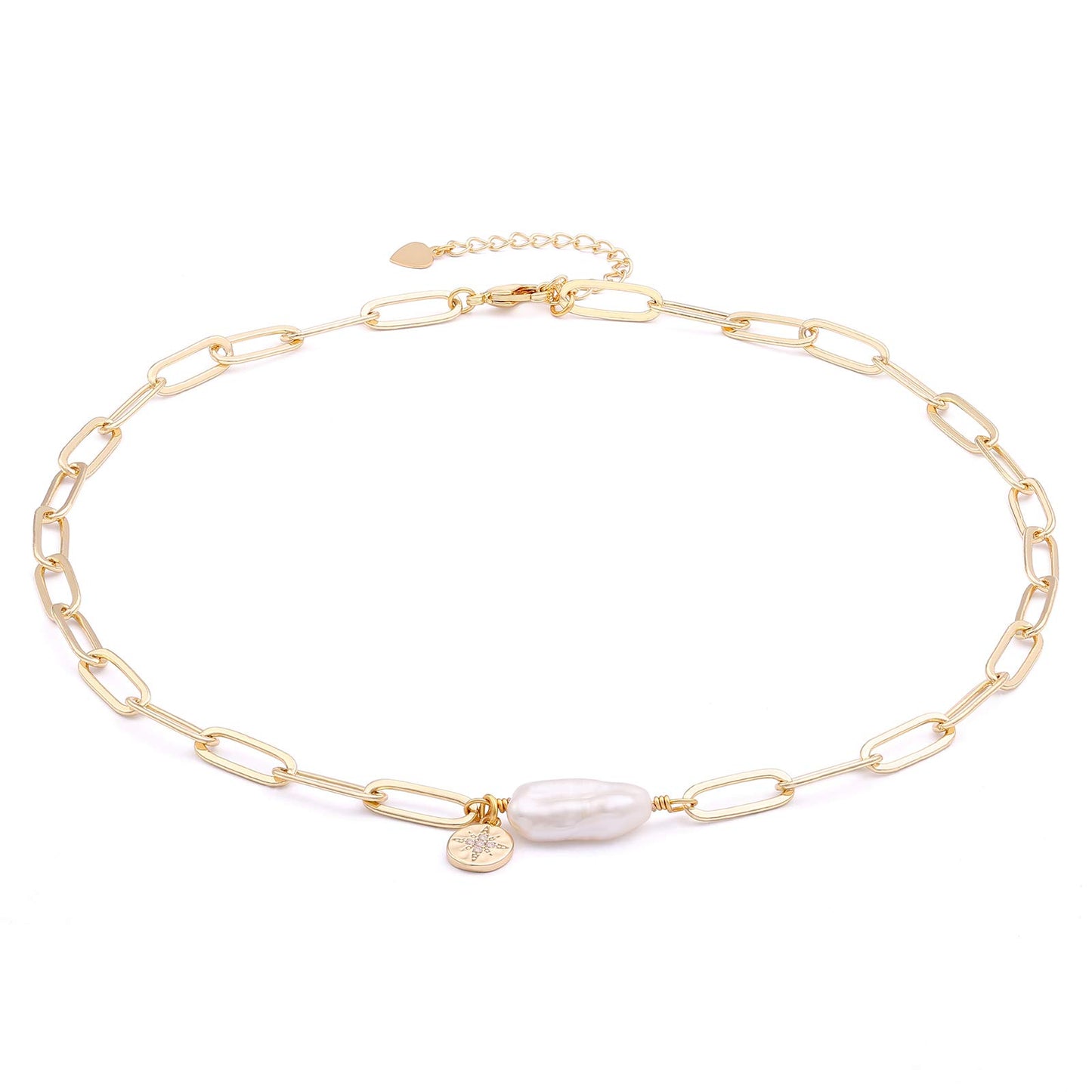 Aobei Pearl 18K Gold Paperclip Chain Choker Satellite Chain Biwa Pearl Pendant Necklace Dainty Jewelry for Women