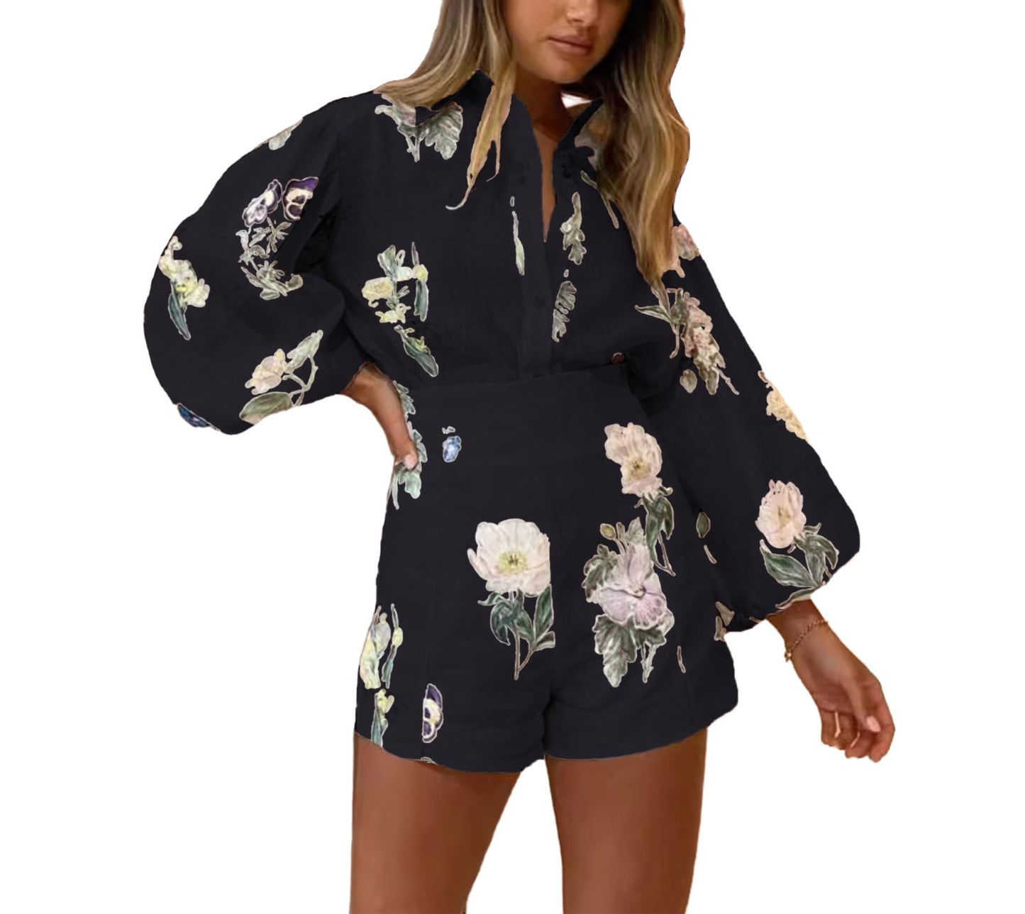 Molilove Womens 2 Piece Outfit Hawaiian Long Sleeve Button Down Shirt and Shorts Tracksuit Lounge Set