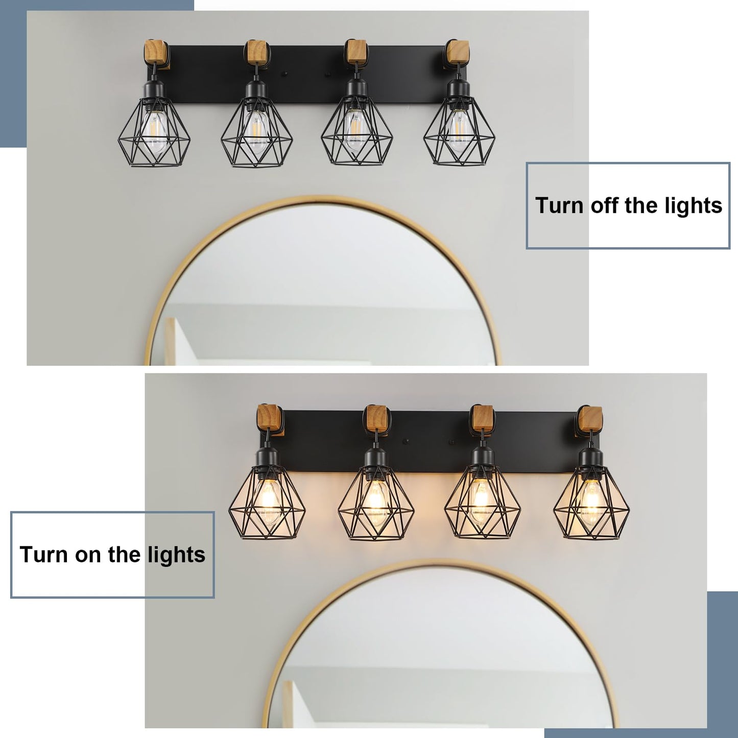 Farmhouse Vanity Light for Bathroom, 3-Light Wood Bathroom Vanity Light Fixtures Over Mirror, Rustic Sconces Wall Lighting with Metal Lampshade for Living Room, Bedroom, Hallway