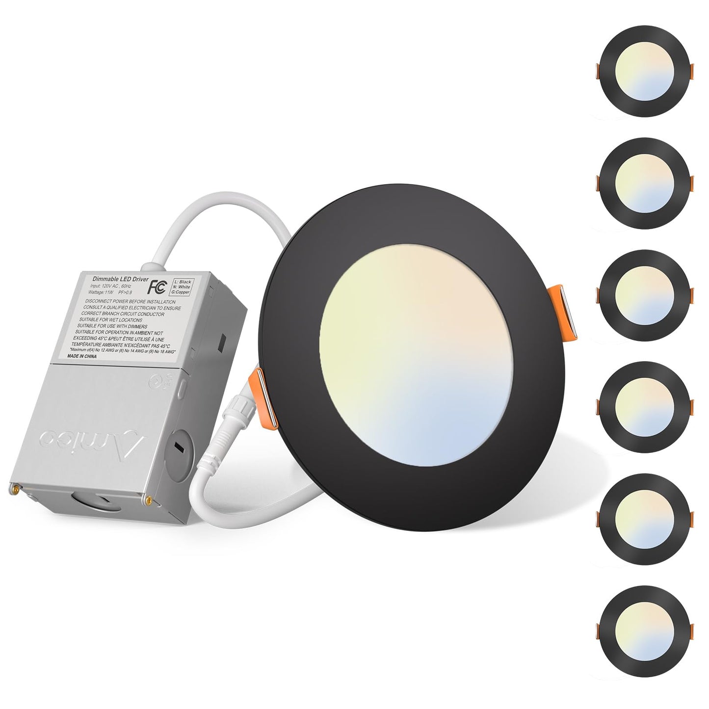 Amico 6 Pack 6 Inch 5CCT Ultra-Thin LED Recessed Ceiling Light with Junction Box, 2700K/3000K/3500K/4000K/5000K Selectable, 12W Eqv 110W 1050LM Brightness Dimmable Canless Wafer Downlight, ETL & FCC