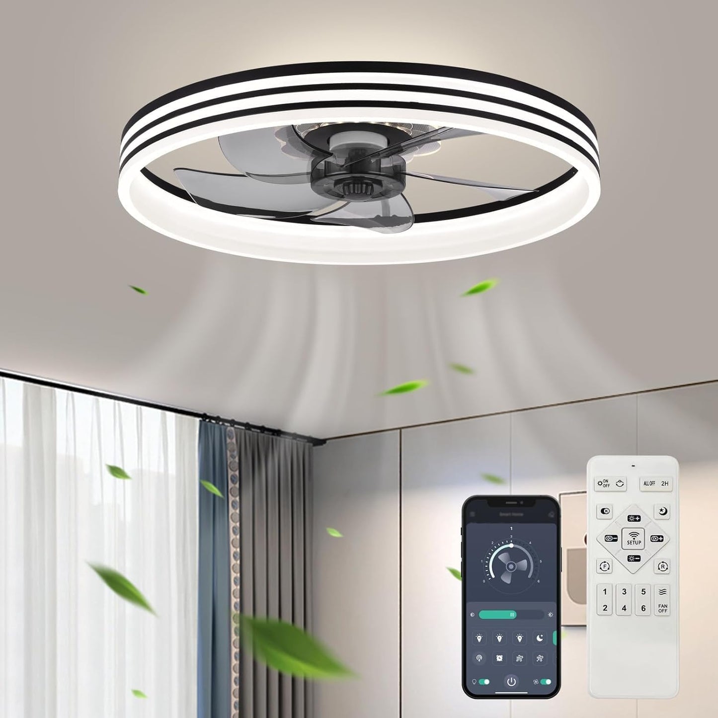 20‘’ Ceiling Fan with Light, Upgraded Low Profile Fan, Flush Mount Ceiling Fan, 6 Speeds, Dimmable LED, App & Remote Control, Quiet DC Motor, for Bedroom, Living Room, F115 White