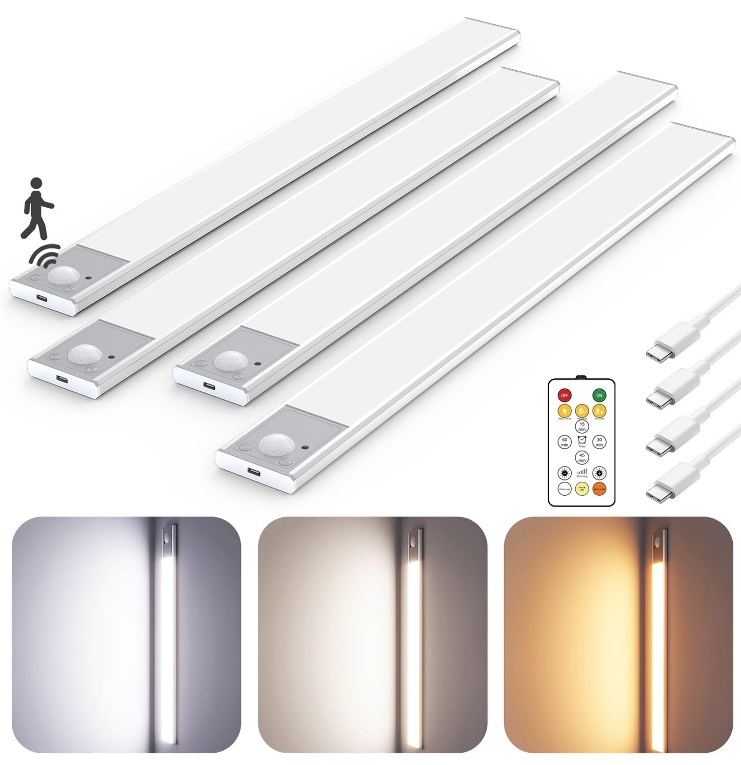 12" Thin Motion-Activated Under Cabinet Lighting, Aluminum Alloy Under Counter Lights for Kitchen, 3-Color-Temps Magnetic Closet Lights, Rechargeable Motion Sensor Light Indoor (4Pack, Silver)
