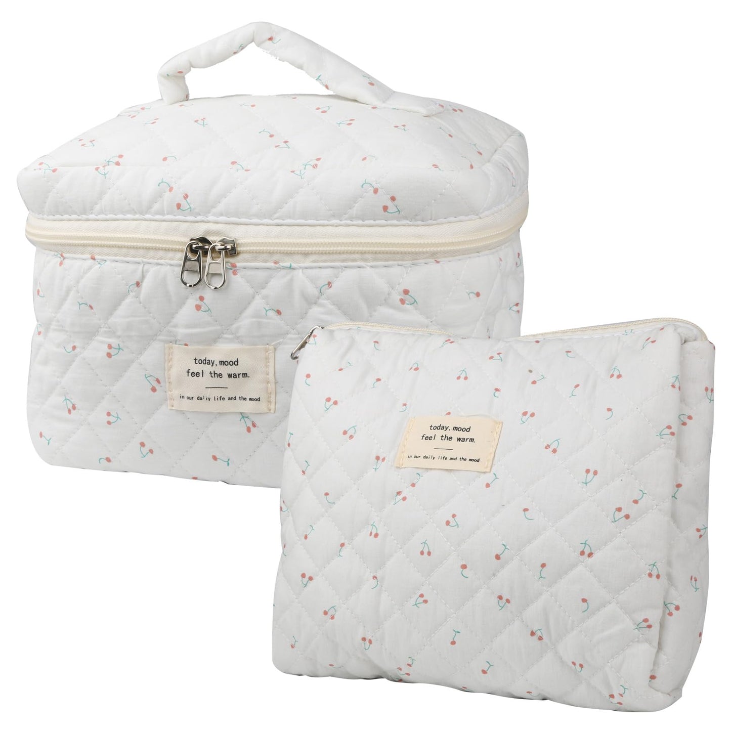 Cute Makeup Bag for Women(2 Pcs), Travel Cosmetic Bags, Quilted Coquette Aesthetic Floral Toiletry Organizer Bag (NavyBlue Flower)