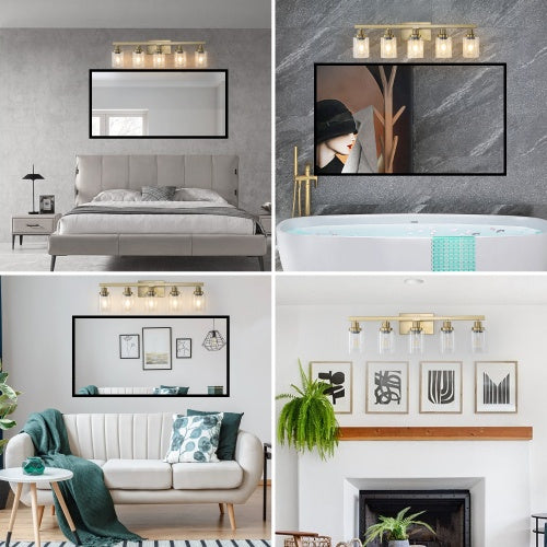 Gold 5 Light Vanity Light With Clear Glass Shade, Modern Iron Bathroom Wall Fixture For Bathroom & Dresser - No Bulbs